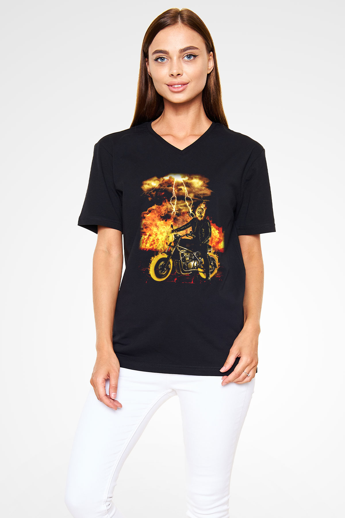 Ghost Rider Hayalet Sürücü Siyah Unisex V Yaka Tişört