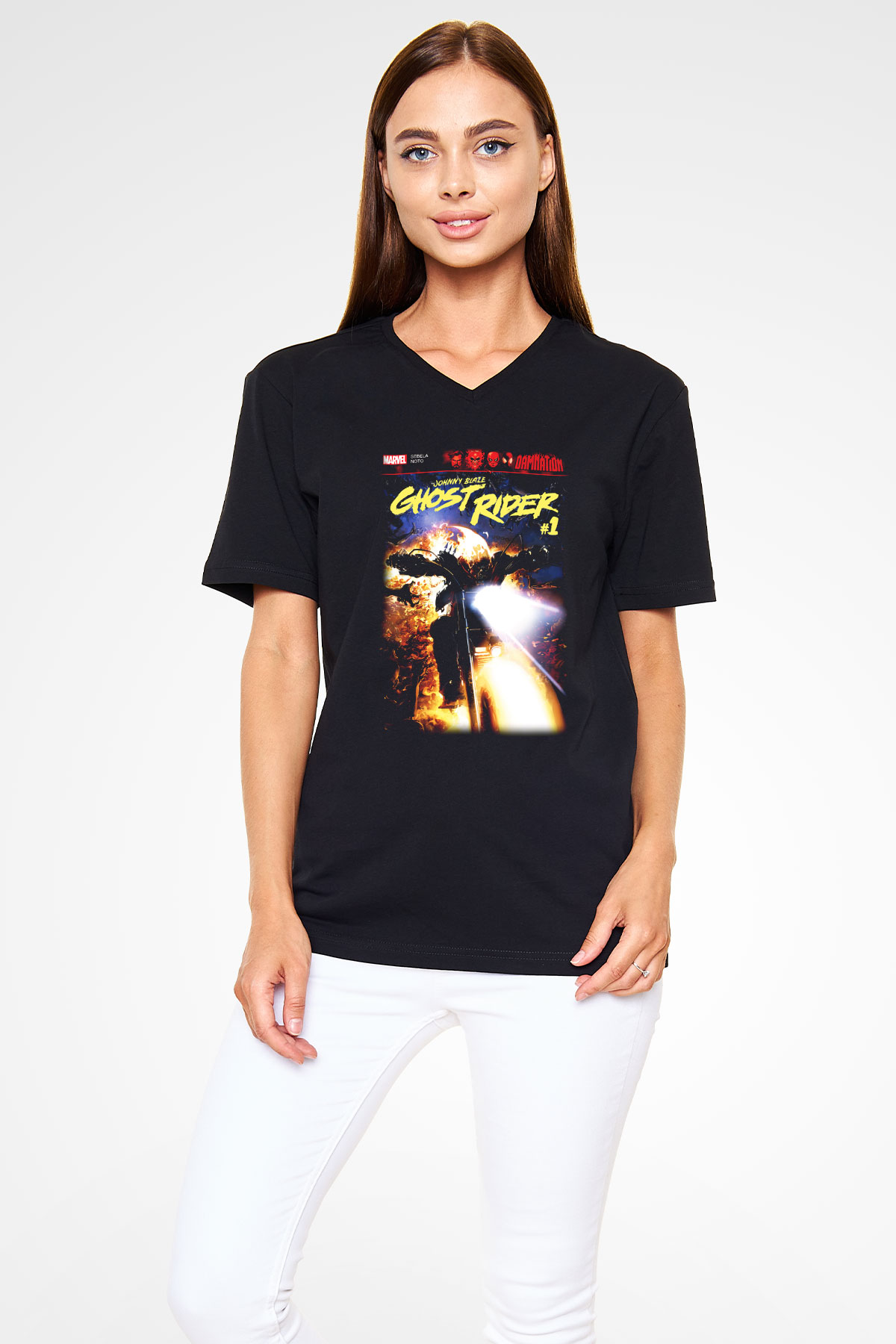 Ghost Rider Hayalet Sürücü Siyah Unisex V Yaka Tişört