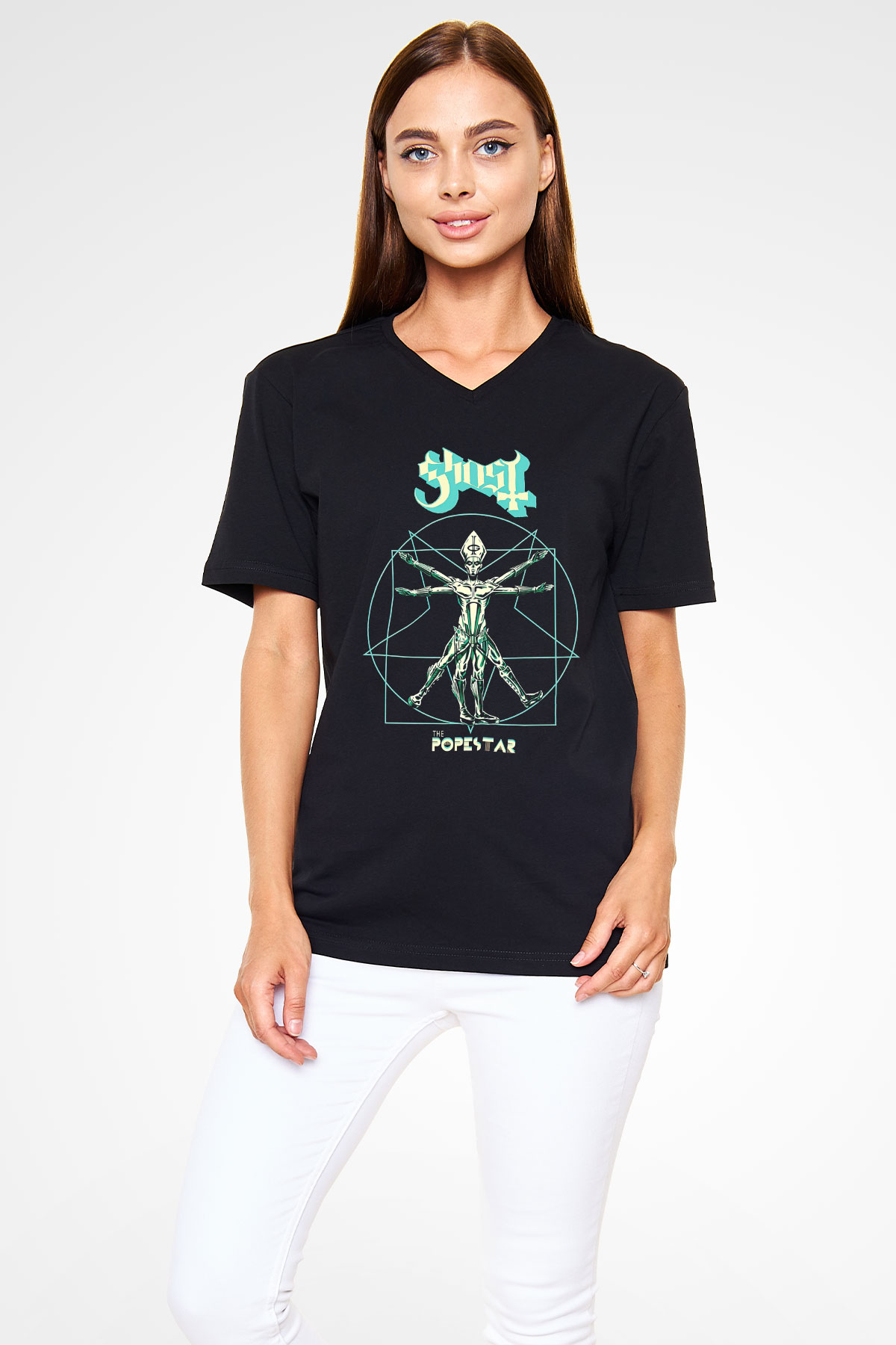 Ghost Siyah Unisex V Yaka Tişört T-Shirt
