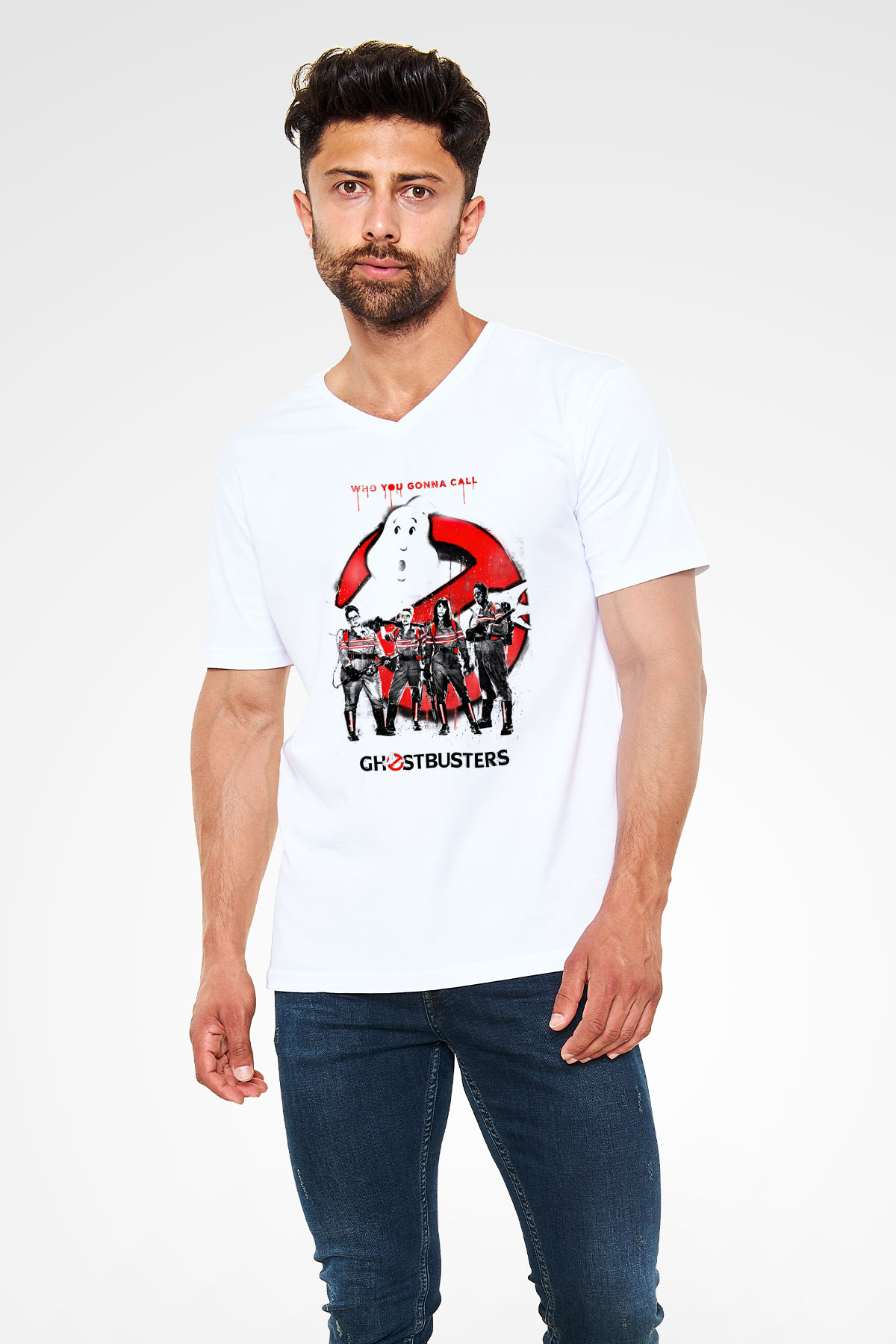 Ghostbusters Hayalet Avcıları Beyaz Unisex V Yaka Tişört T-Shirt