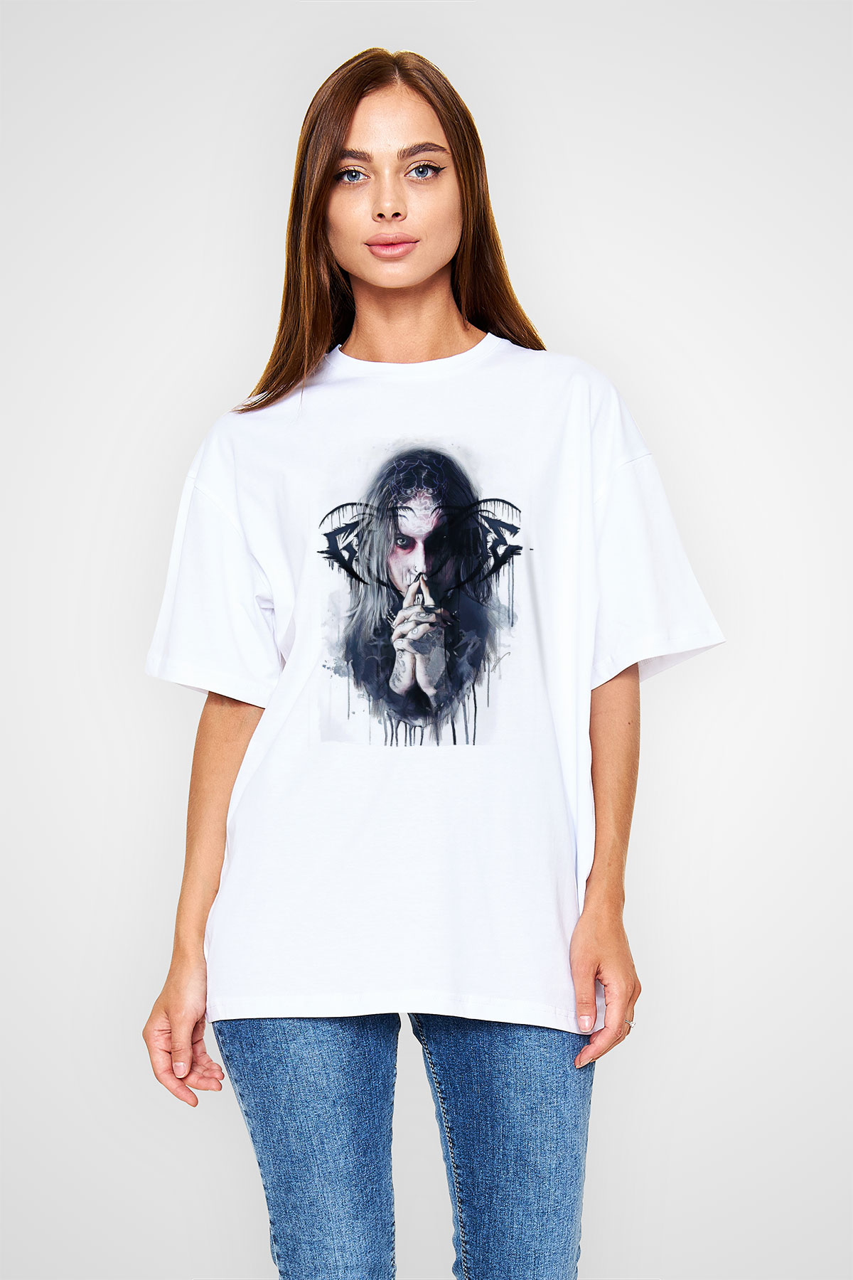 Ghostemane Baskılı Beyaz Unisex Oversize Tişört - Tshirt