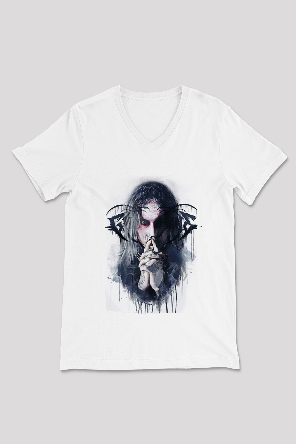 Ghostemane Baskılı Beyaz Unisex V Yaka Tişört - Tshirt