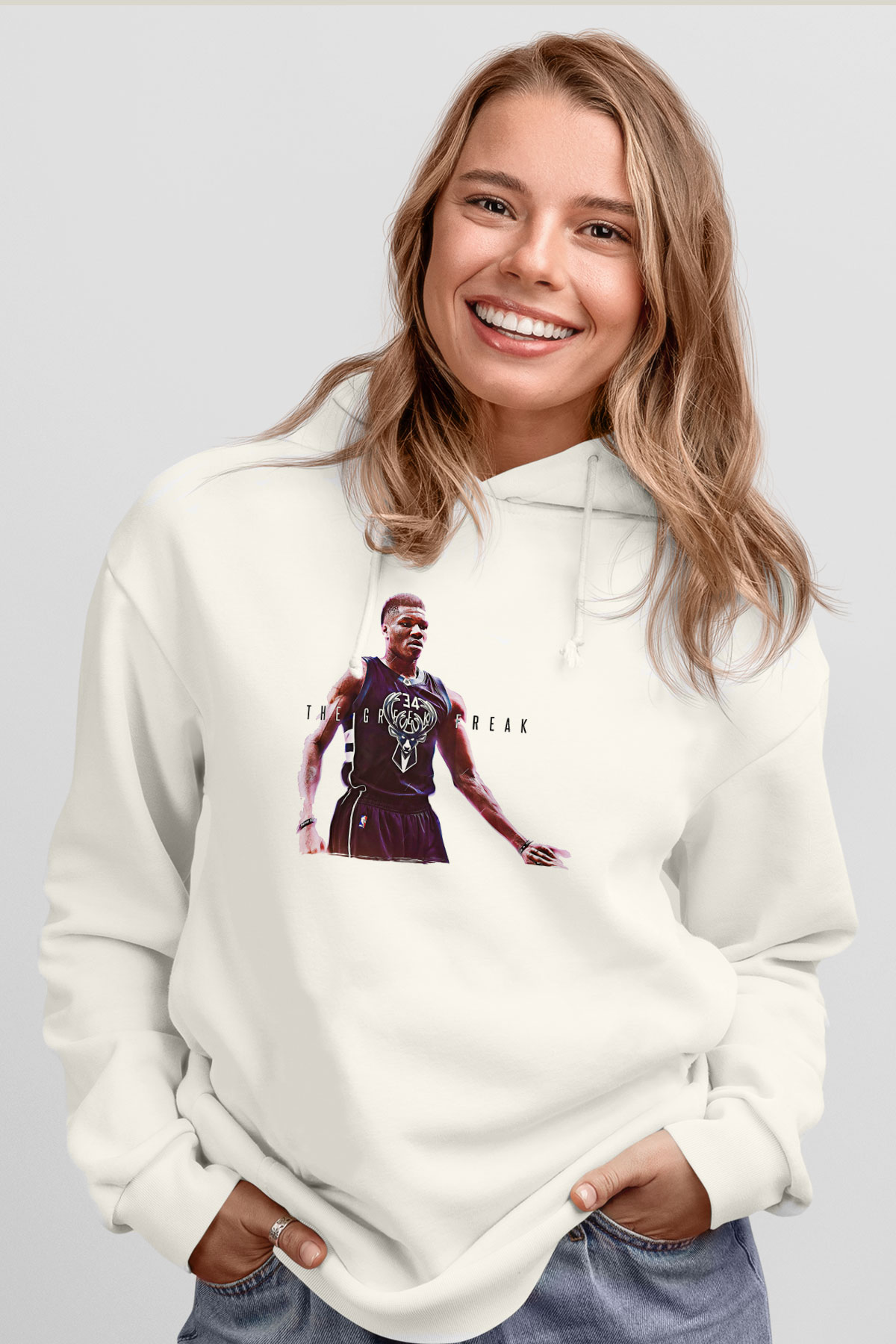 Giannis Antetokounpma Baskılı Beyaz Unisex Kapüşonlu Sweatshirt