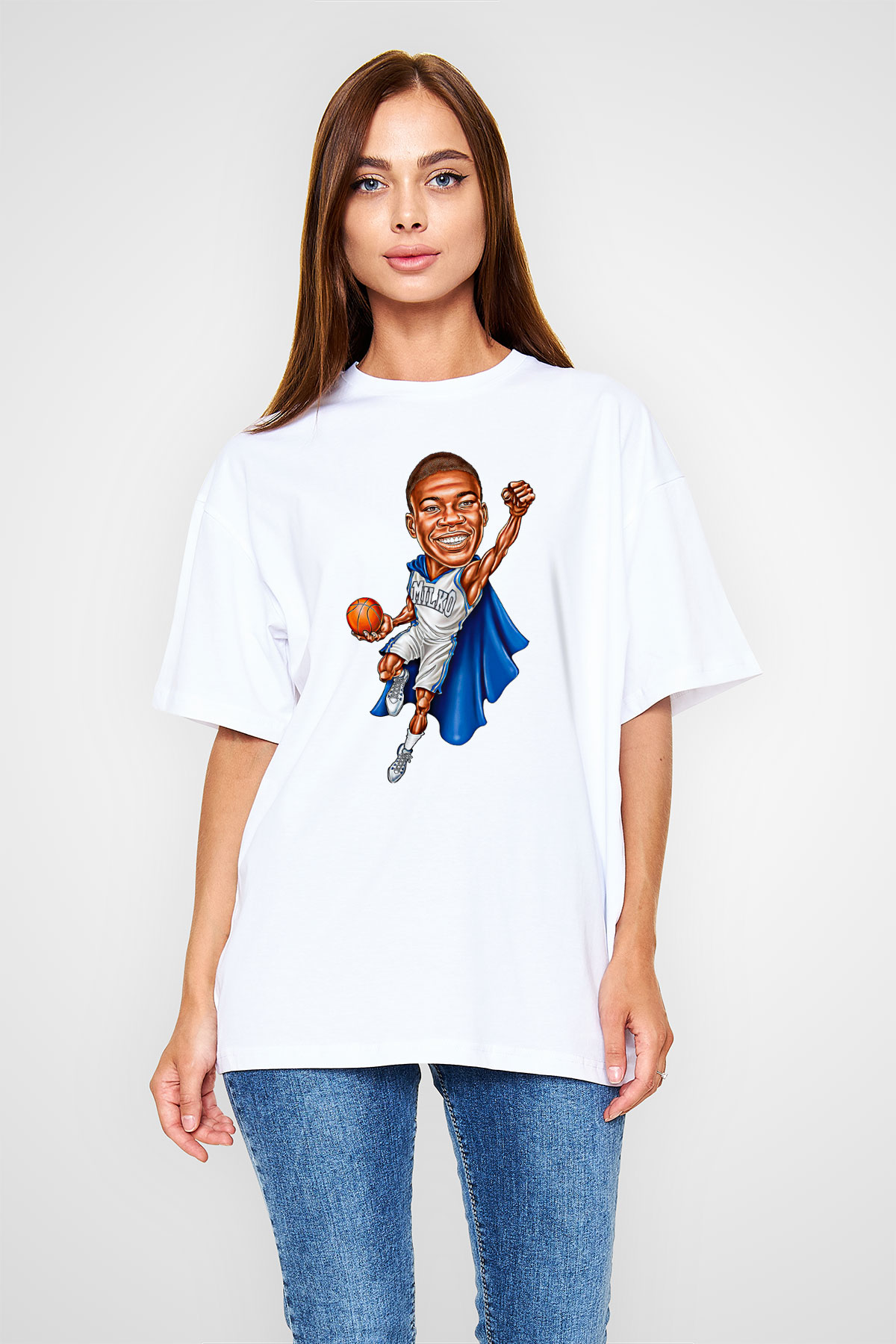 Giannis Antetokounpma Baskılı Beyaz Unisex Oversize Tişört - Tshirt