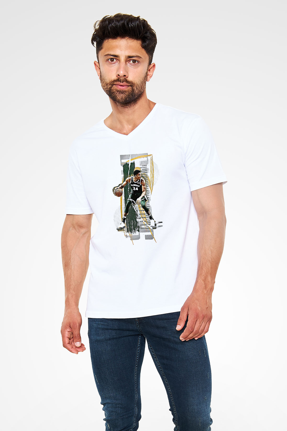 Giannis Antetokounpma Baskılı Beyaz Unisex V Yaka Tişört - Tshirt