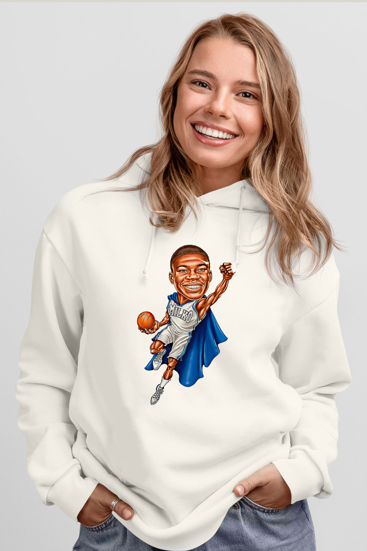 Giannis Antetokounpma Baskılı Beyaz Unisex Kapüşonlu Sweatshirt