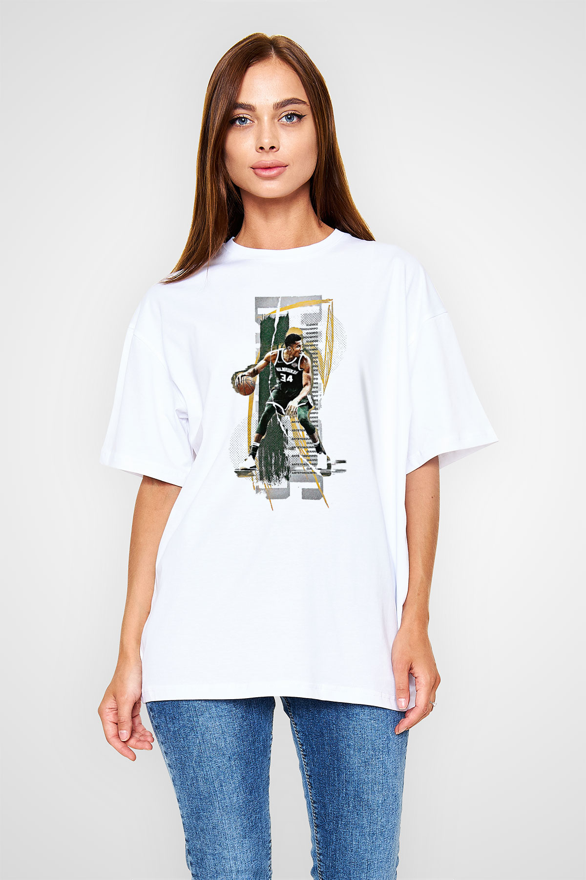 Giannis Antetokounpma Baskılı Beyaz Unisex Oversize Tişört - Tshirt
