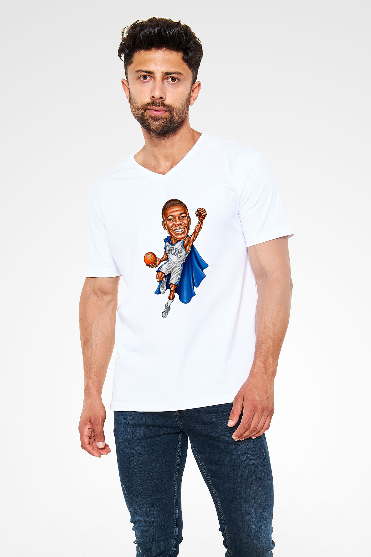 Giannis Antetokounpma Baskılı Beyaz Unisex V Yaka Tişört - Tshirt