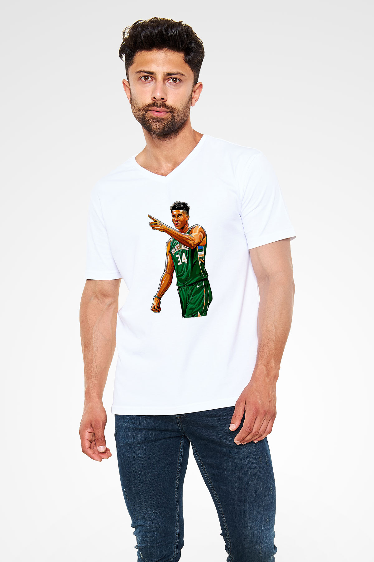 Giannis Antetokounpma Baskılı Beyaz Unisex V Yaka Tişört - Tshirt