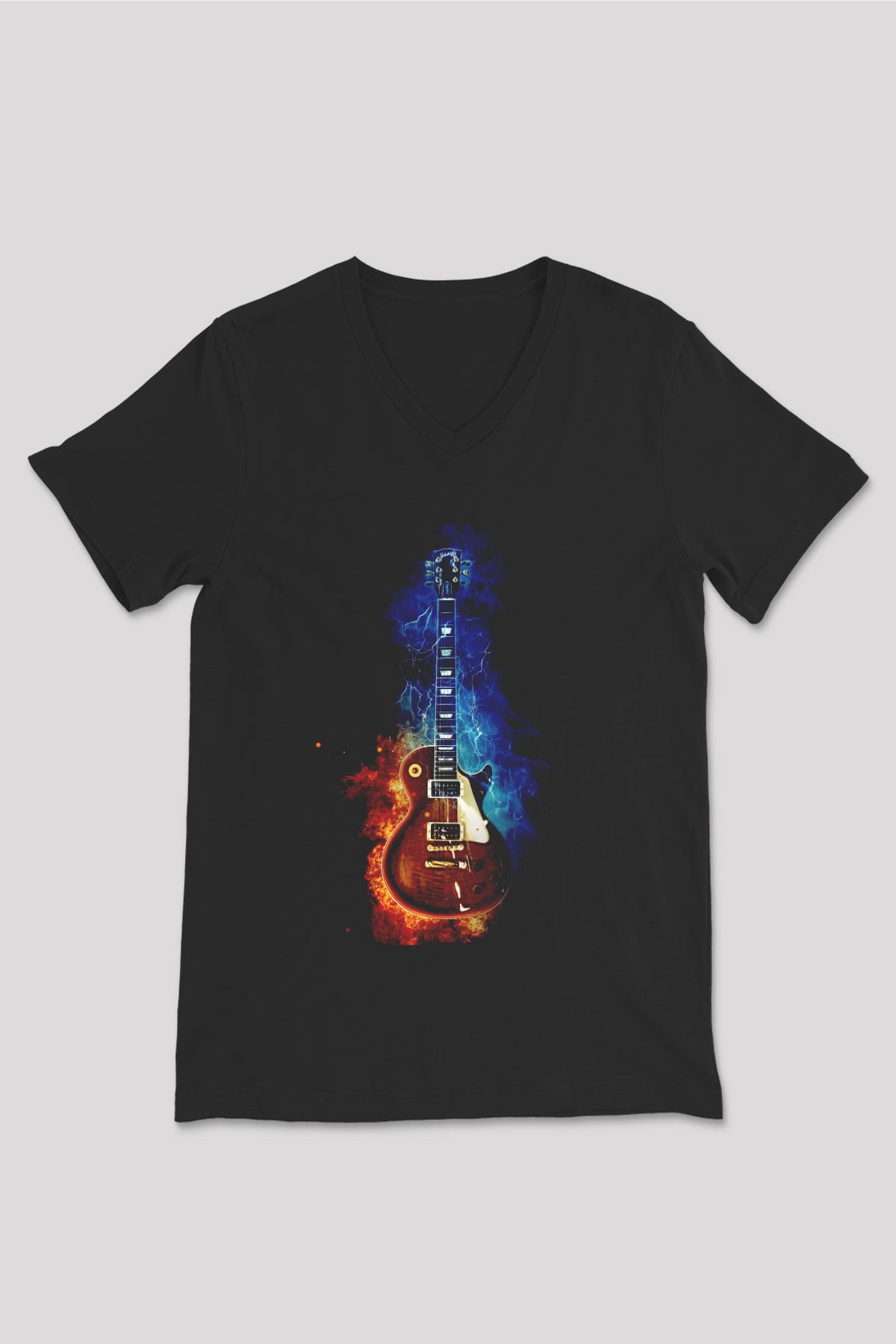 Gibson Gitar Baskılı Unisex Siyah  V Yaka Tişört