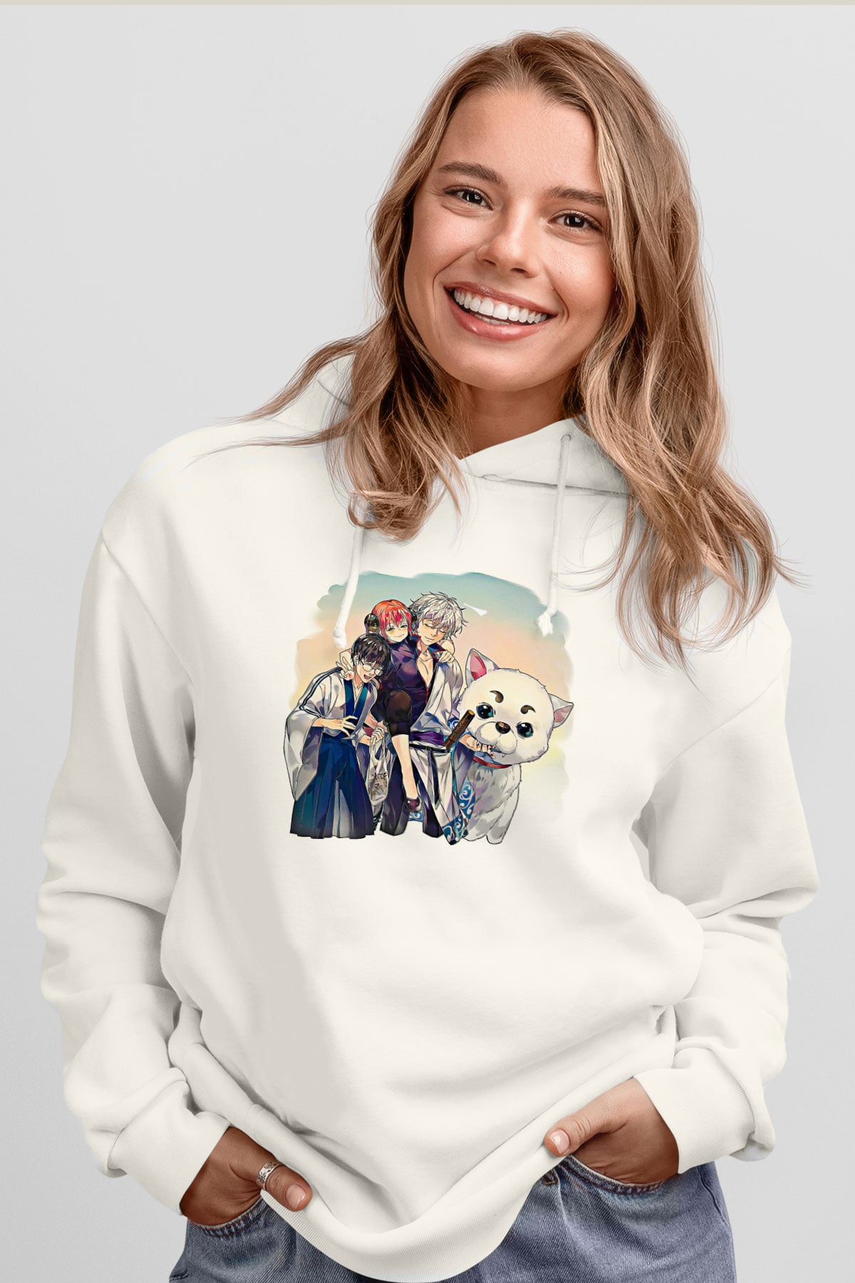 Gintama Baskılı Beyaz Unisex Hoodie