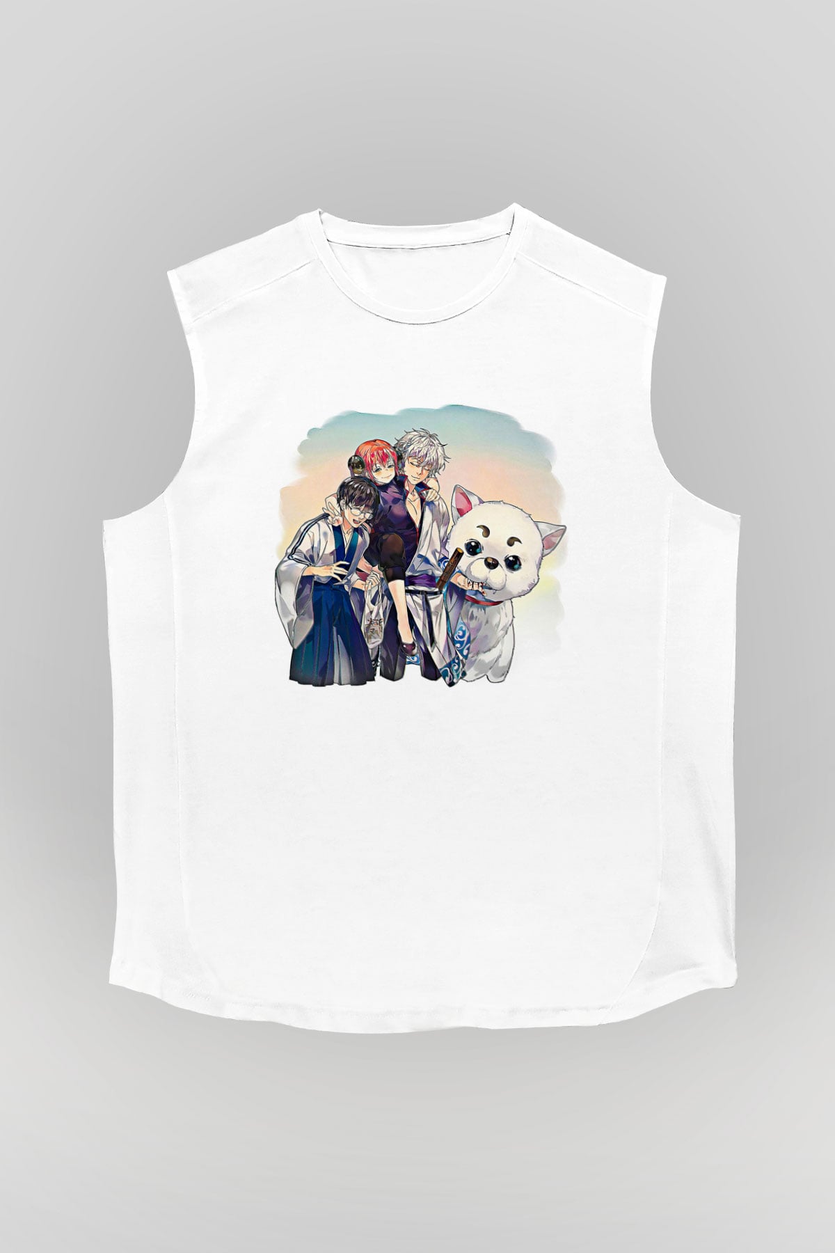 Gintama Baskılı Beyaz Unisex Kolsuz Tişört - Tshirt