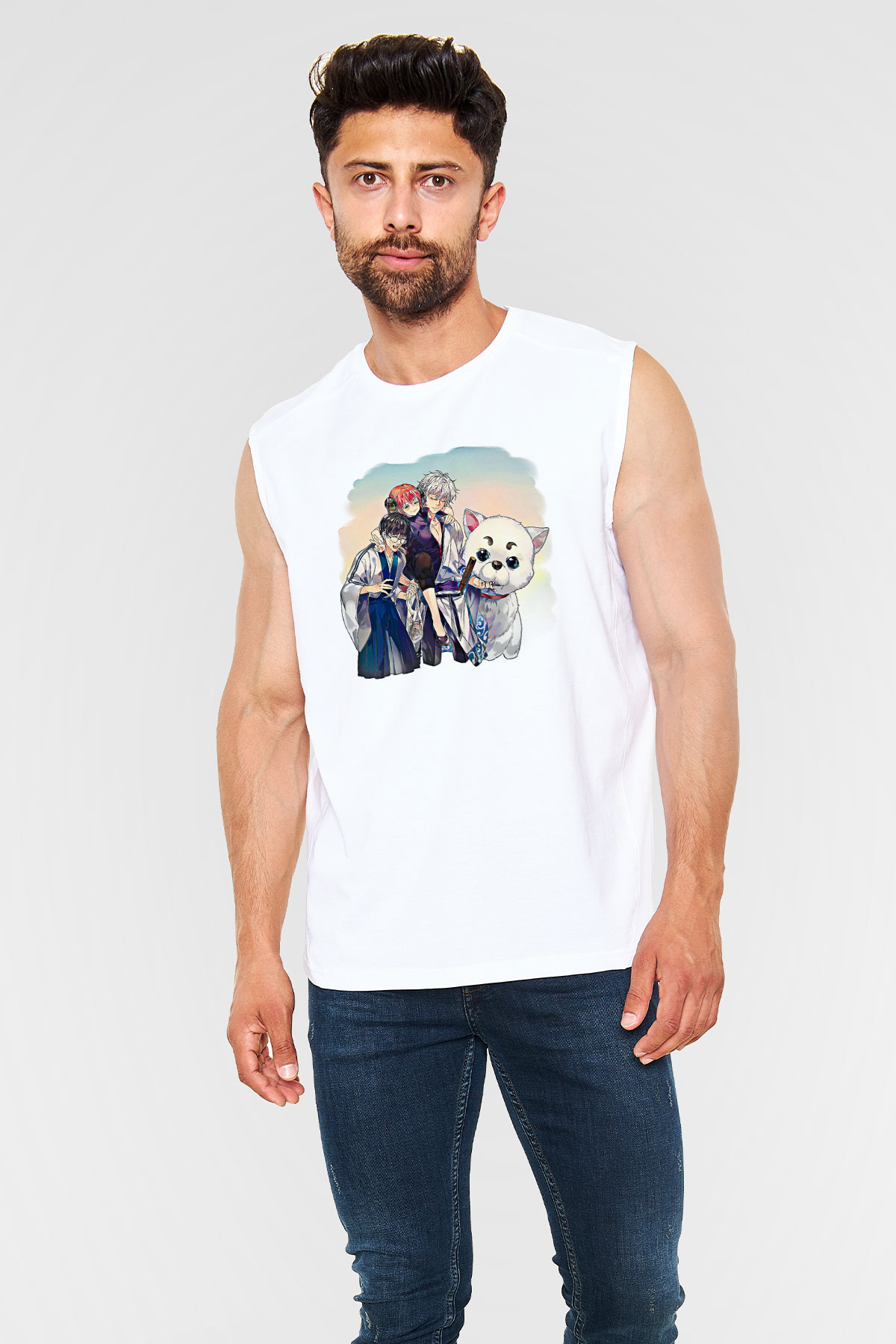 Gintama Baskılı Beyaz Unisex Kolsuz Tişört - Tshirt