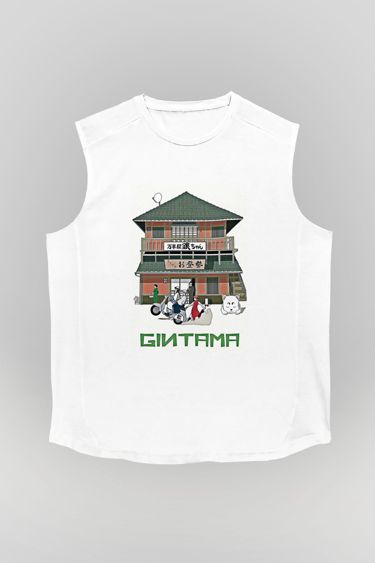 Gintama Baskılı Beyaz Unisex Kolsuz Tişört - Tshirt