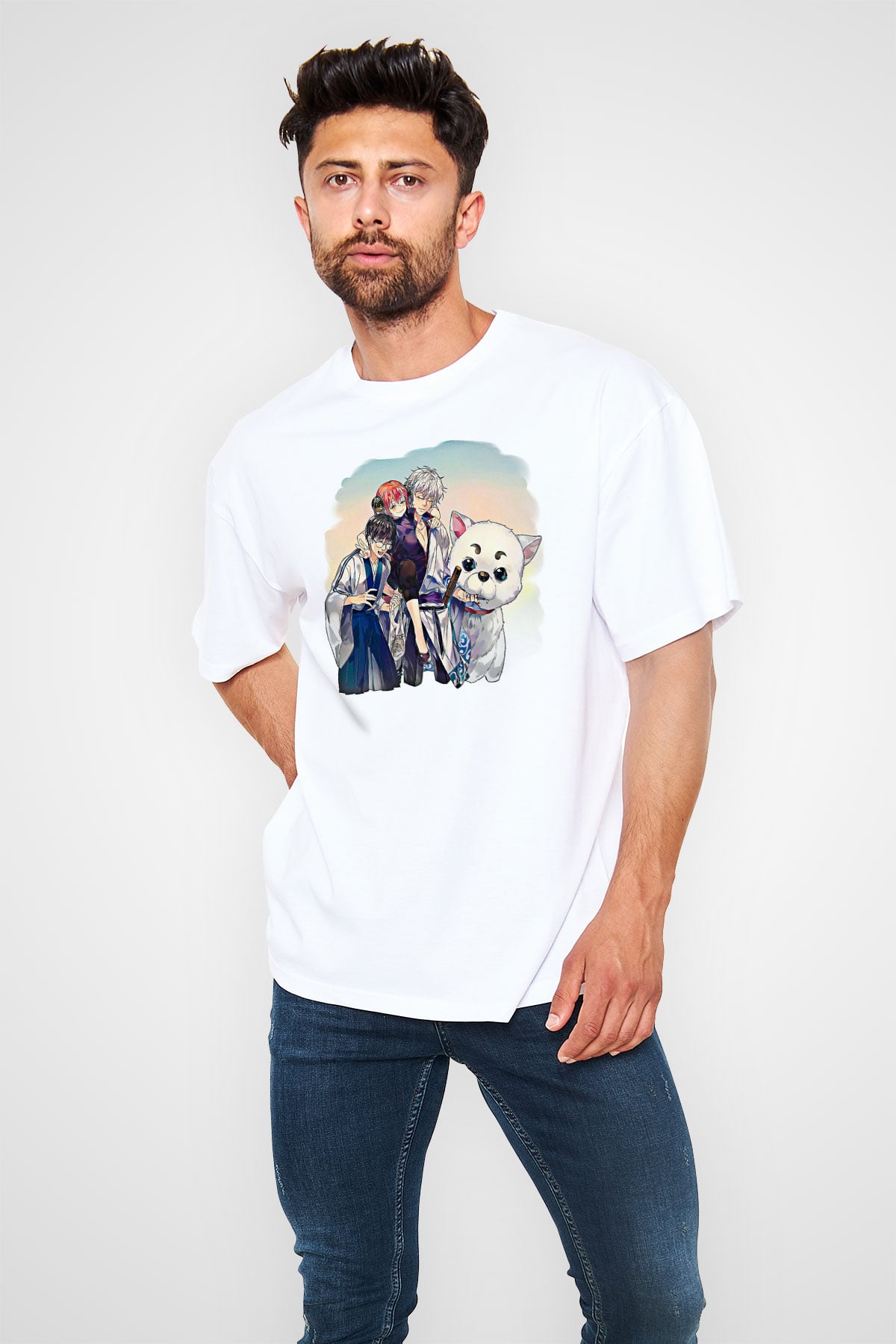 Gintama Baskılı Beyaz Unisex Oversize Tişört - Tshirt