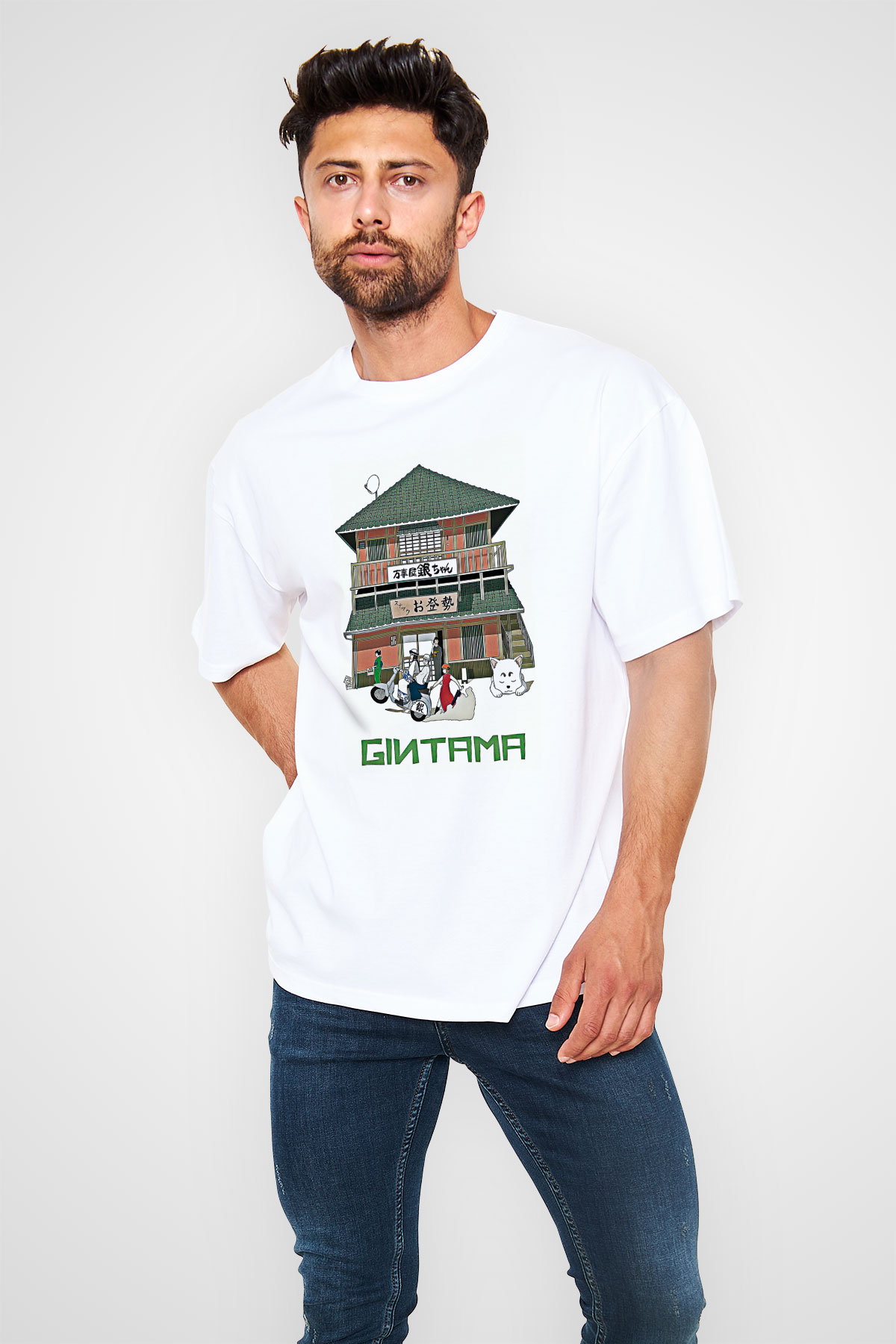 Gintama Baskılı Beyaz Unisex Oversize Tişört - Tshirt