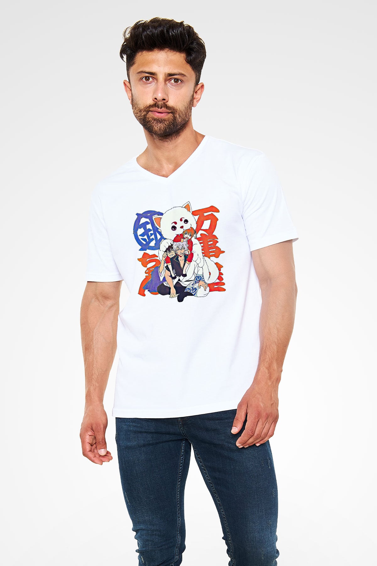 Gintama Baskılı Beyaz Unisex V Yaka Tişört - Tshirt
