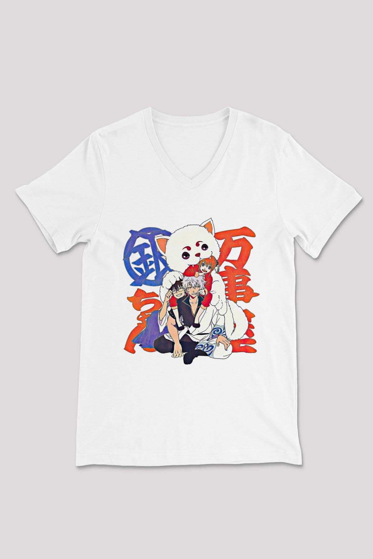 Gintama Baskılı Beyaz Unisex V Yaka Tişört - Tshirt