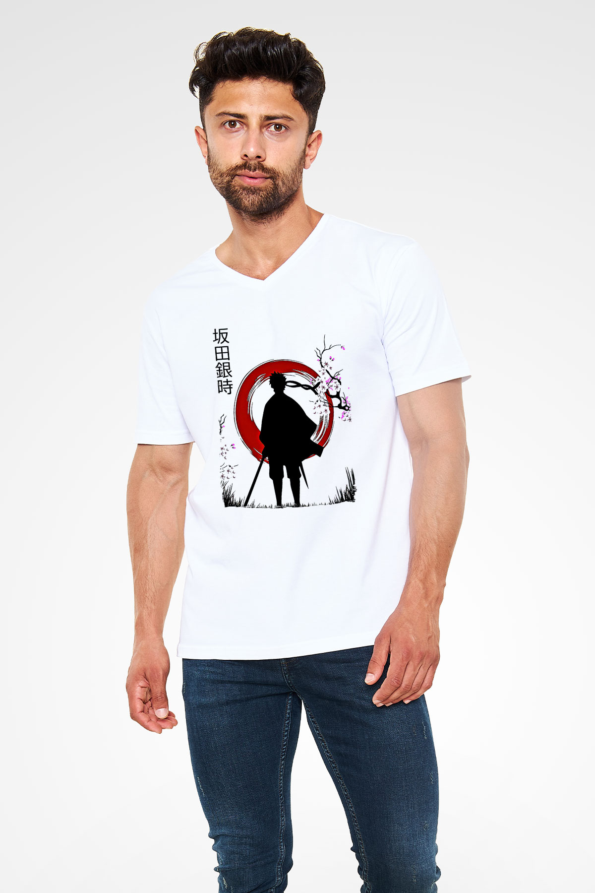 Gintama Baskılı Beyaz Unisex V Yaka Tişört - Tshirt