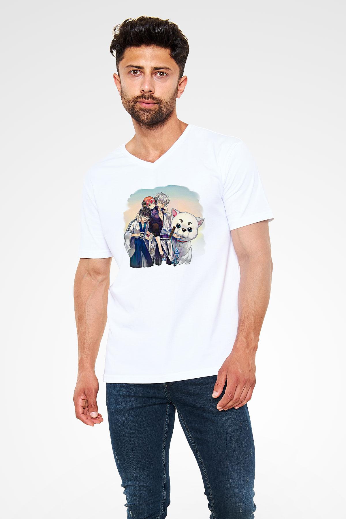 Gintama Baskılı Beyaz Unisex V Yaka Tişört - Tshirt