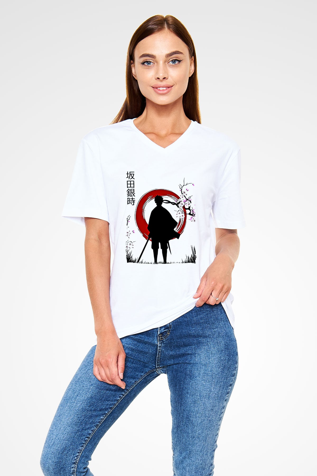 Gintama Baskılı Beyaz Unisex V Yaka Tişört - Tshirt