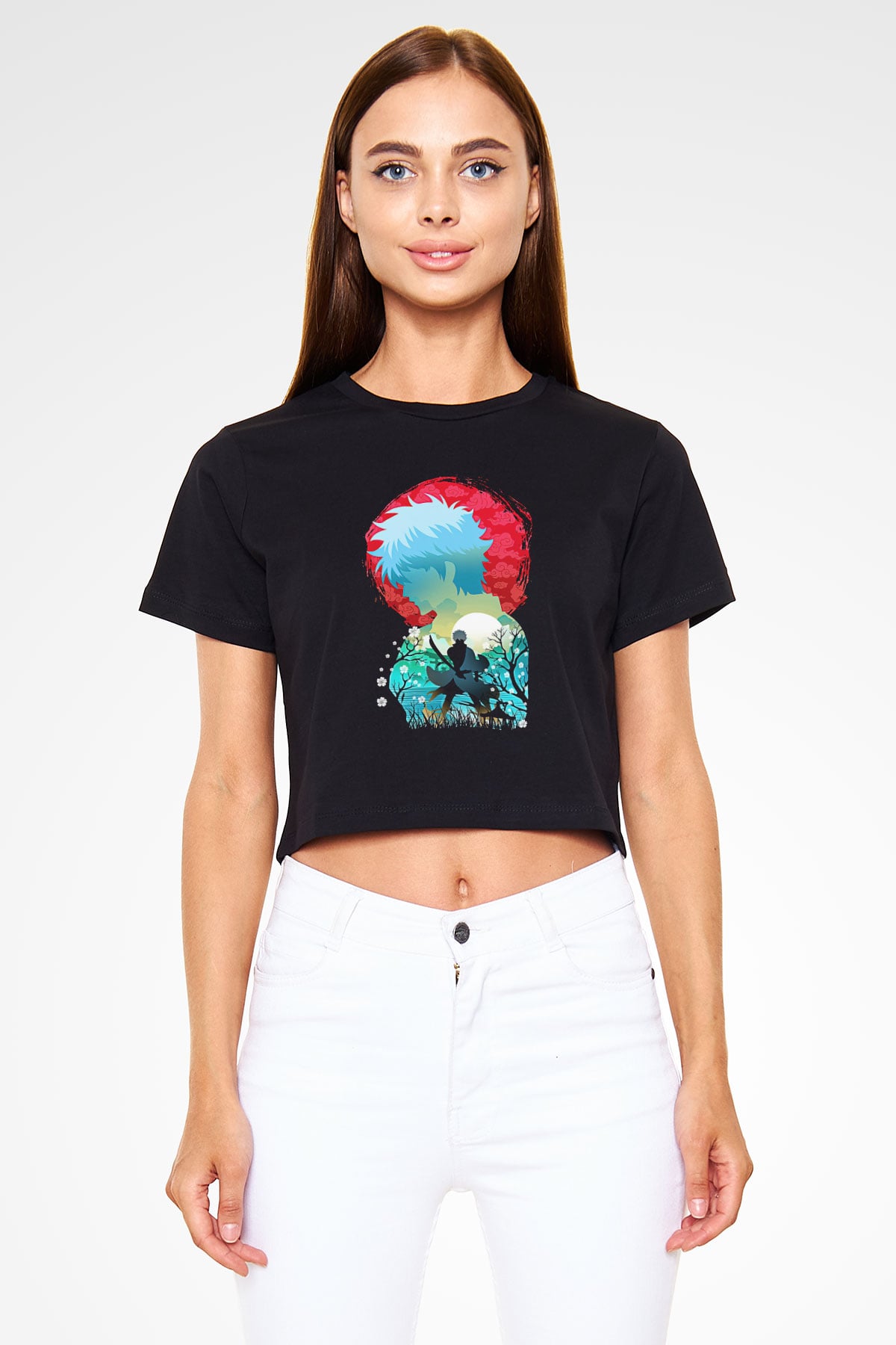 Gintama Baskılı Siyah Crop Top Kadın Tişört - Tshirt