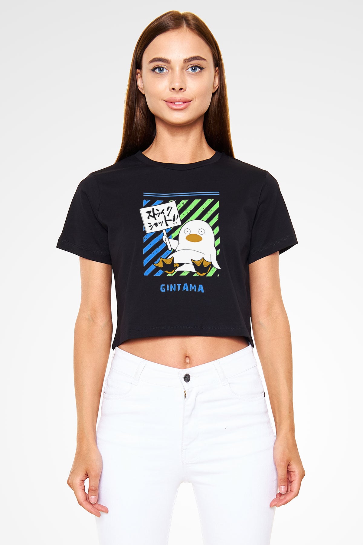 Gintama Baskılı Siyah Crop Top Kadın Tişört - Tshirt