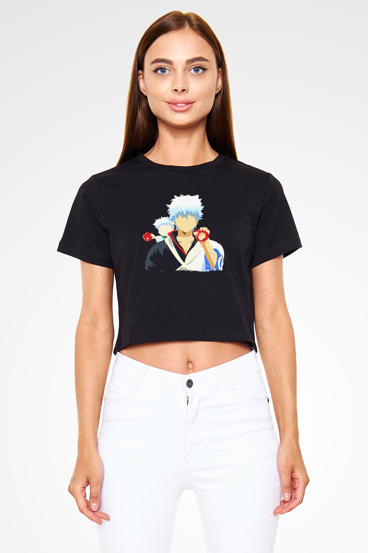 Gintama Baskılı Siyah Crop Top Kadın Tişört - Tshirt