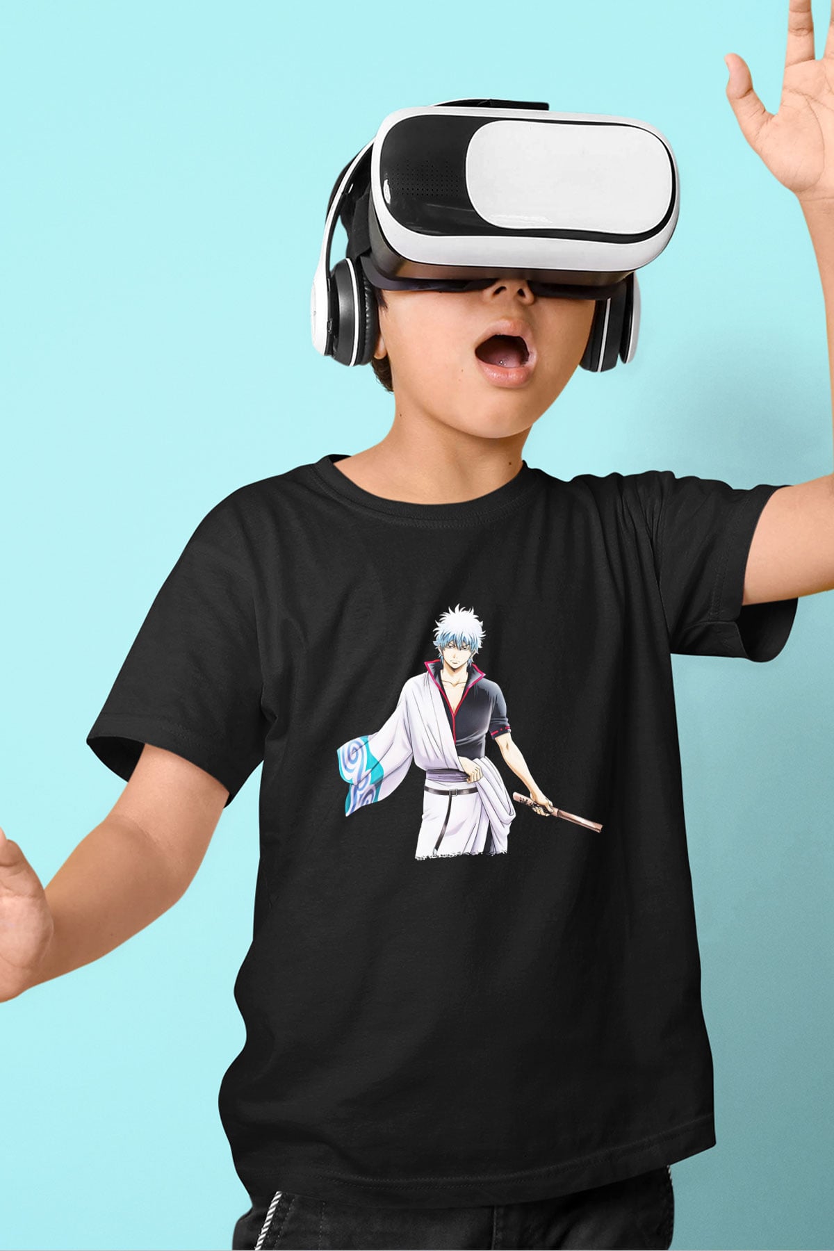 Gintama Baskılı Unisex Siyah Çocuk Tişört - Tshirt