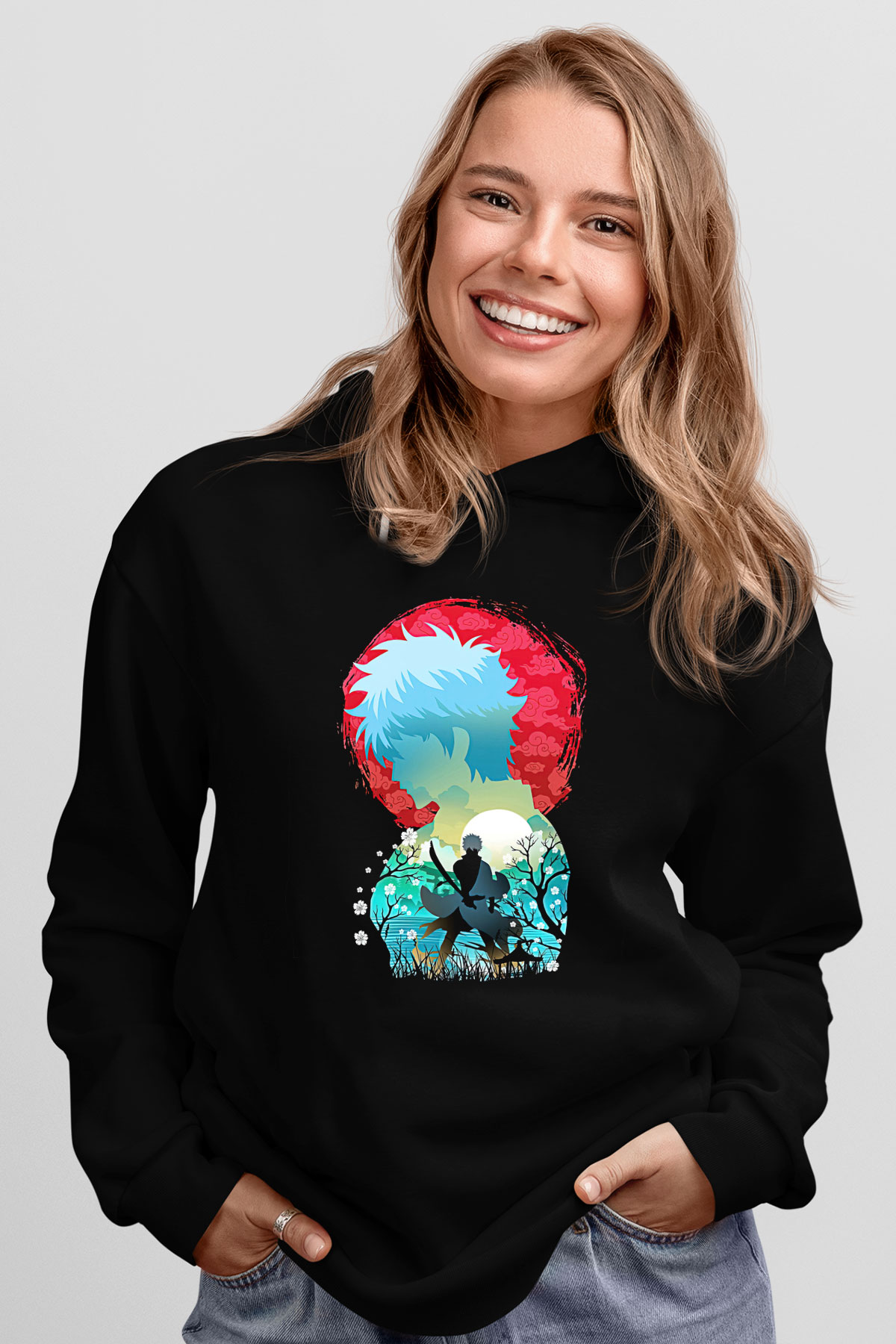 Gintama Baskılı Unisex Siyah Hoodie