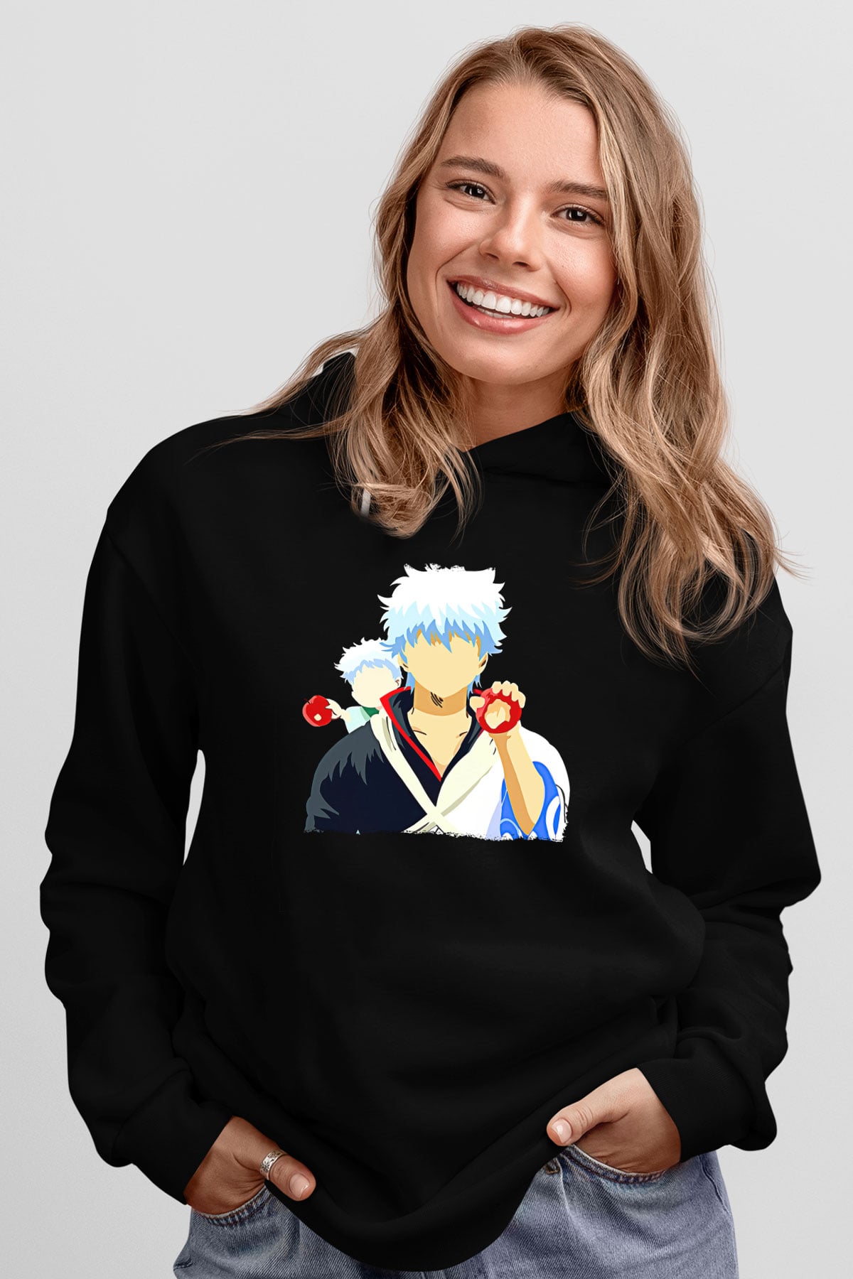 Gintama Baskılı Unisex Siyah Hoodie