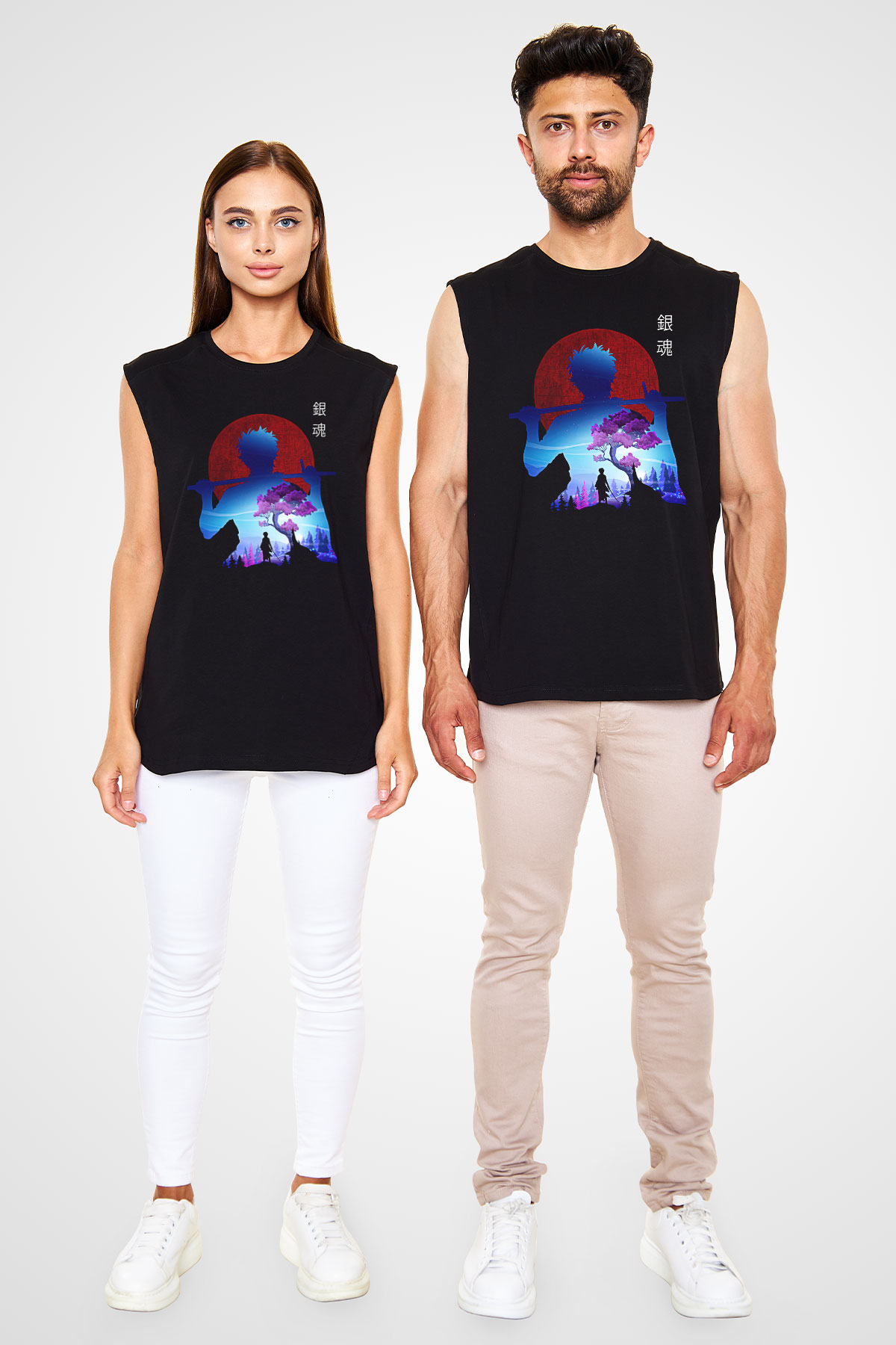 Gintama Baskılı Unisex Siyah Kolsuz Tişört - Tshirt