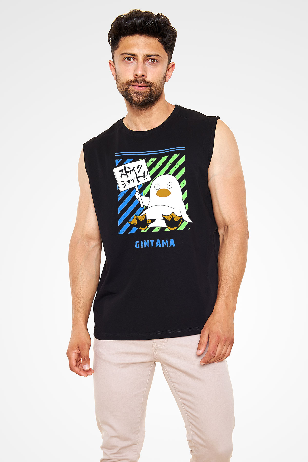 Gintama Baskılı Unisex Siyah Kolsuz Tişört - Tshirt