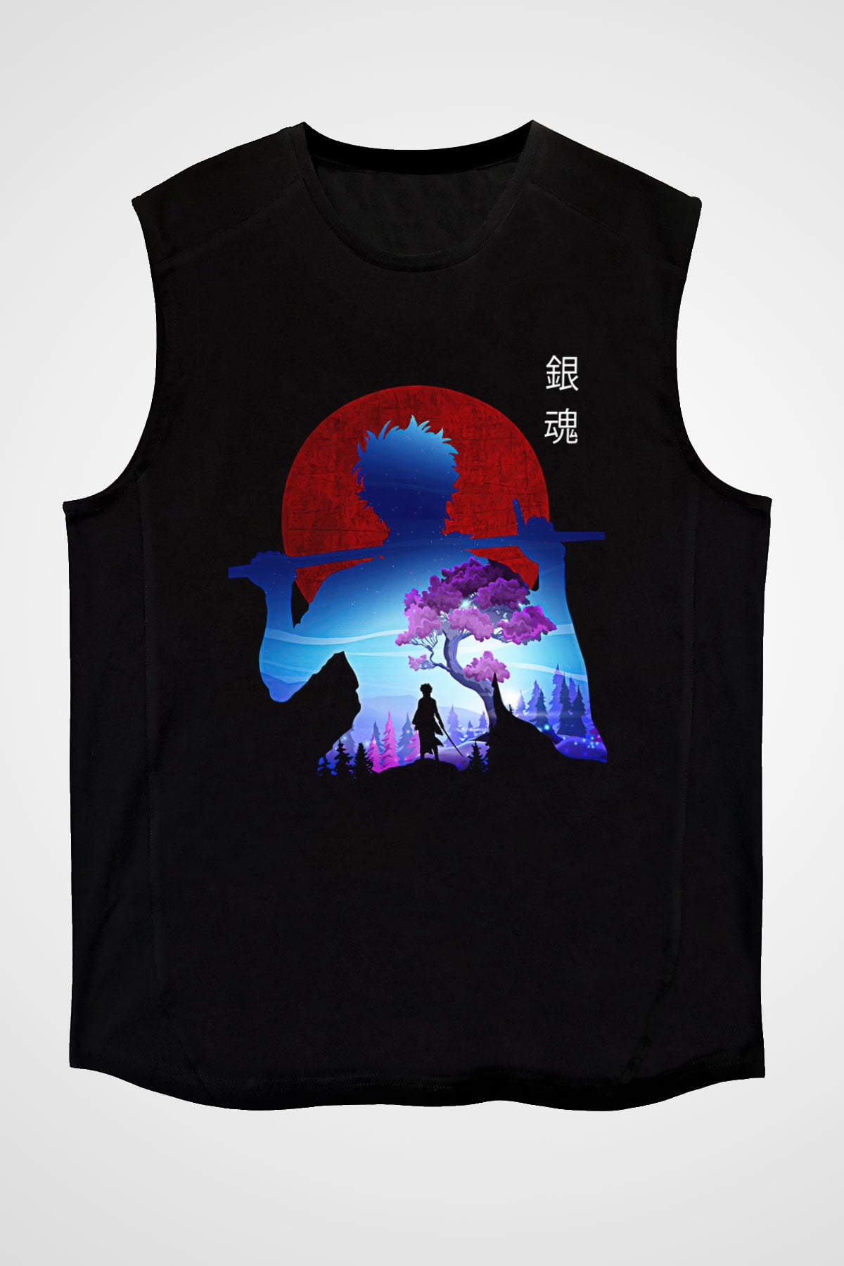 Gintama Baskılı Unisex Siyah Kolsuz Tişört - Tshirt