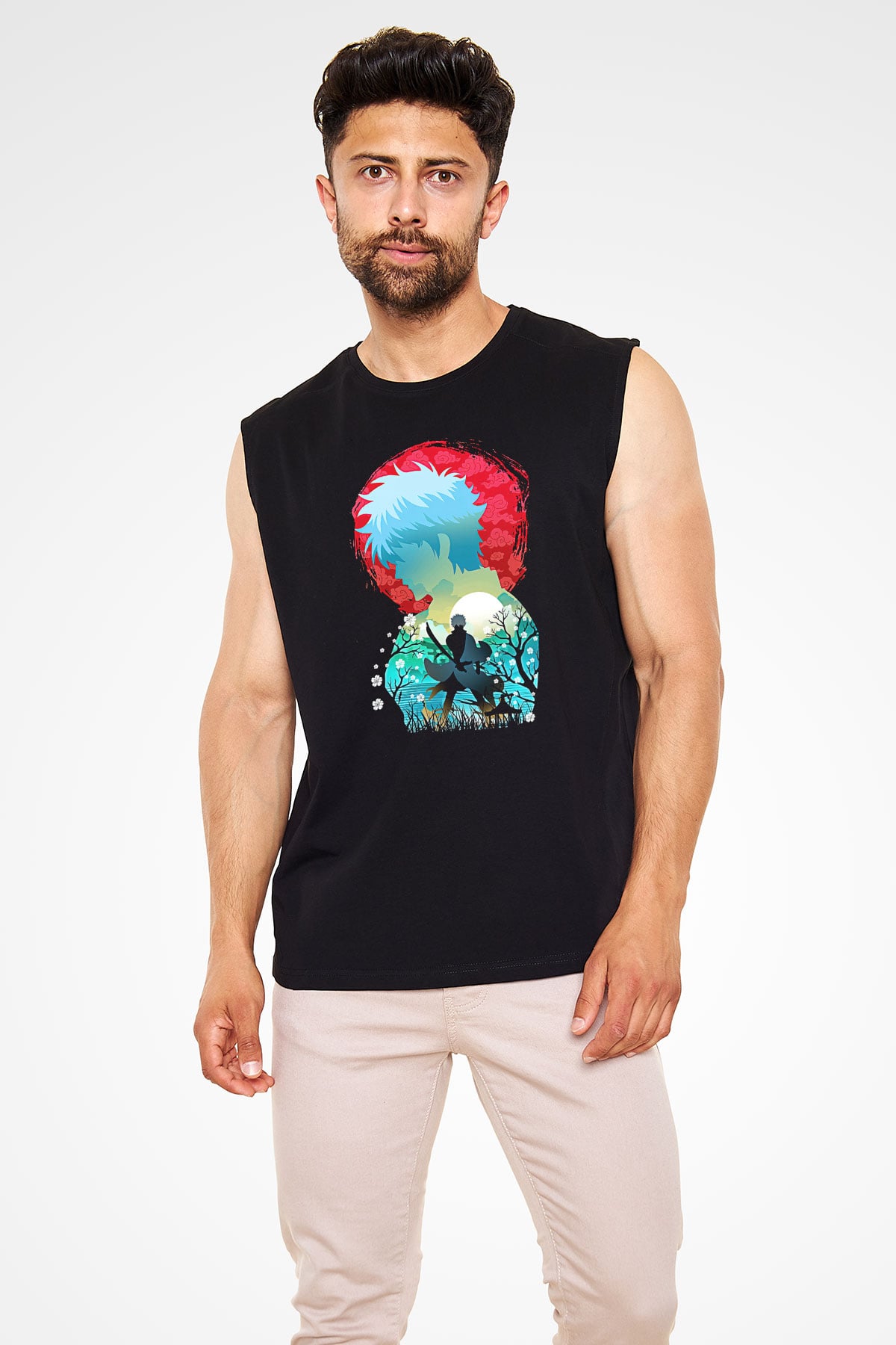 Gintama Baskılı Unisex Siyah Kolsuz Tişört - Tshirt