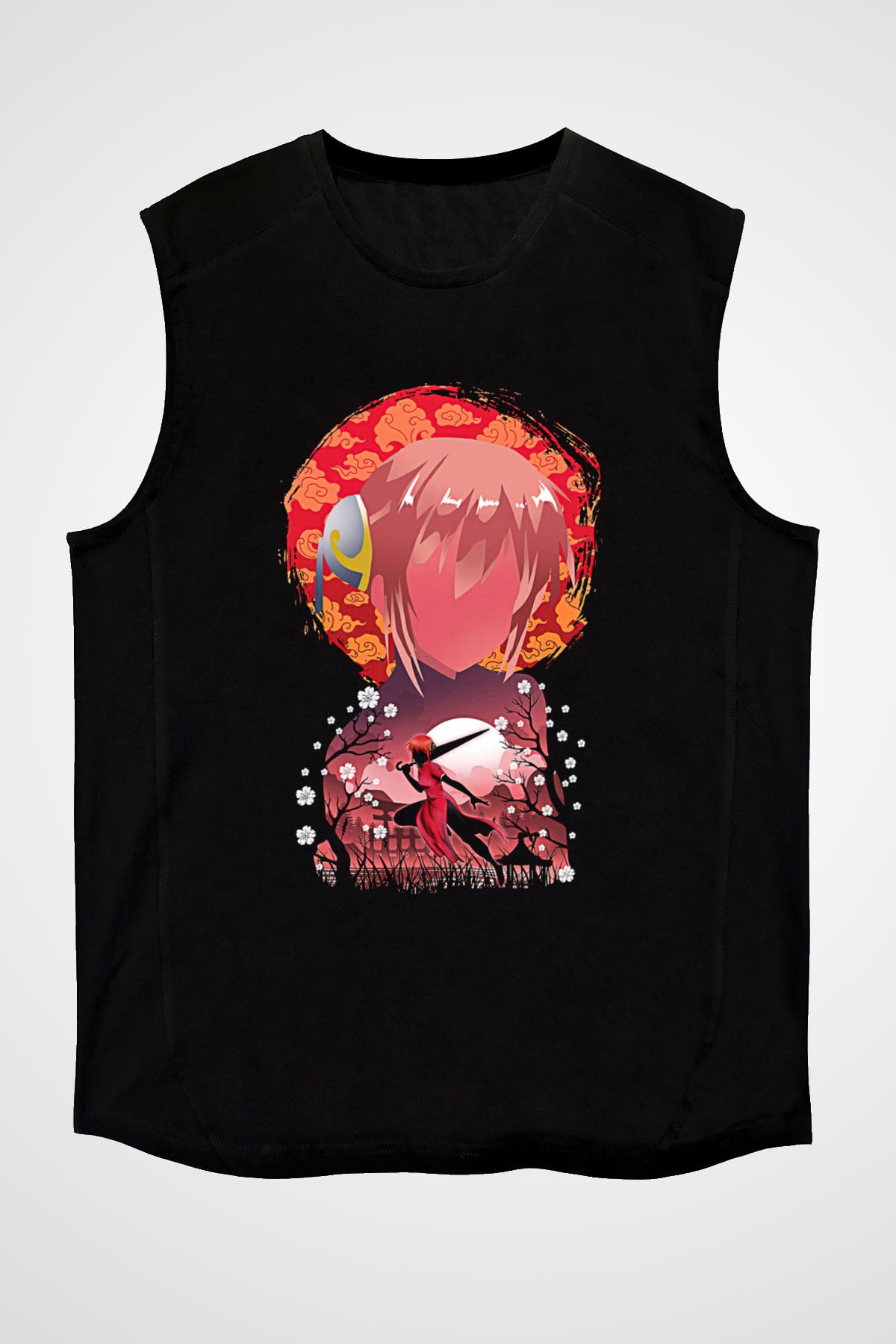 Gintama Baskılı Unisex Siyah Kolsuz Tişört - Tshirt