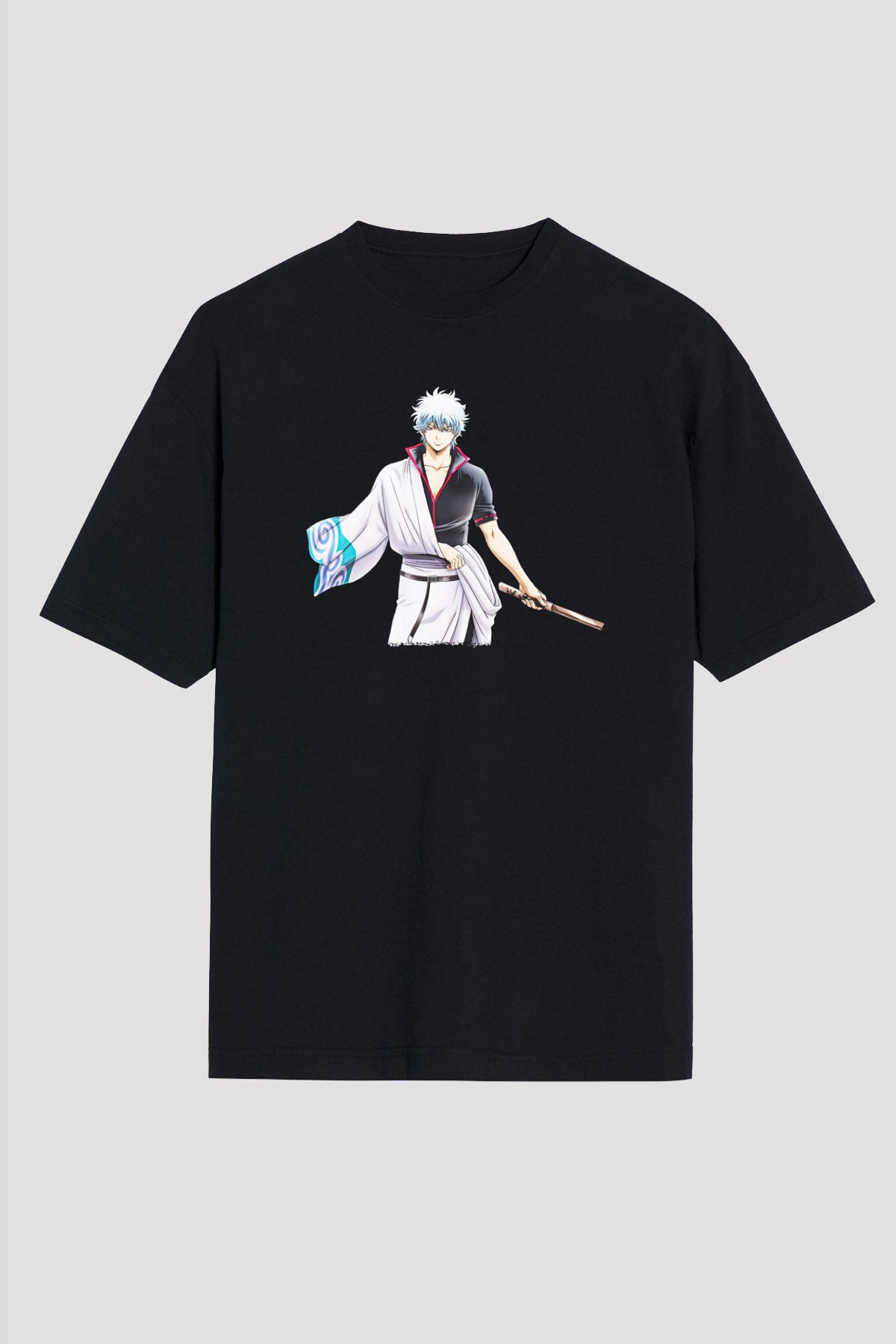 Gintama Baskılı Unisex Siyah Oversize Tişört - Tshirt