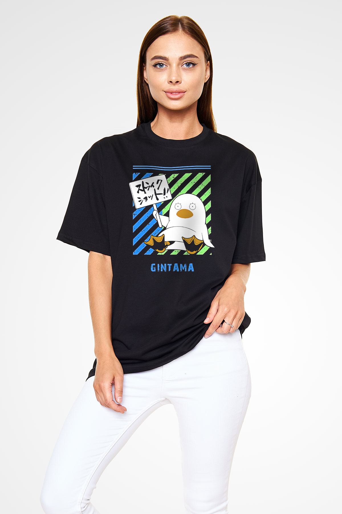 Gintama Baskılı Unisex Siyah Oversize Tişört - Tshirt