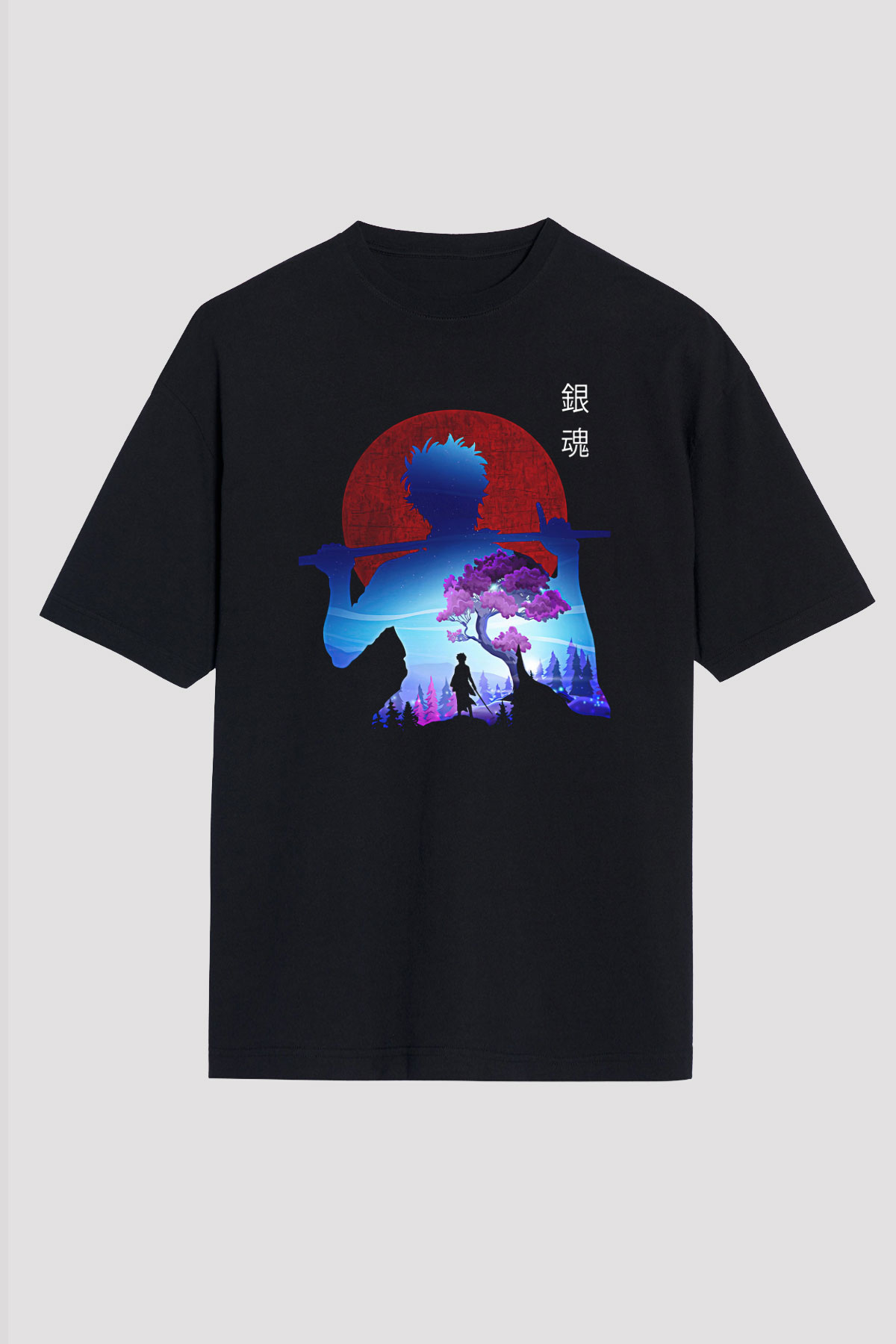 Gintama Baskılı Unisex Siyah Oversize Tişört - Tshirt