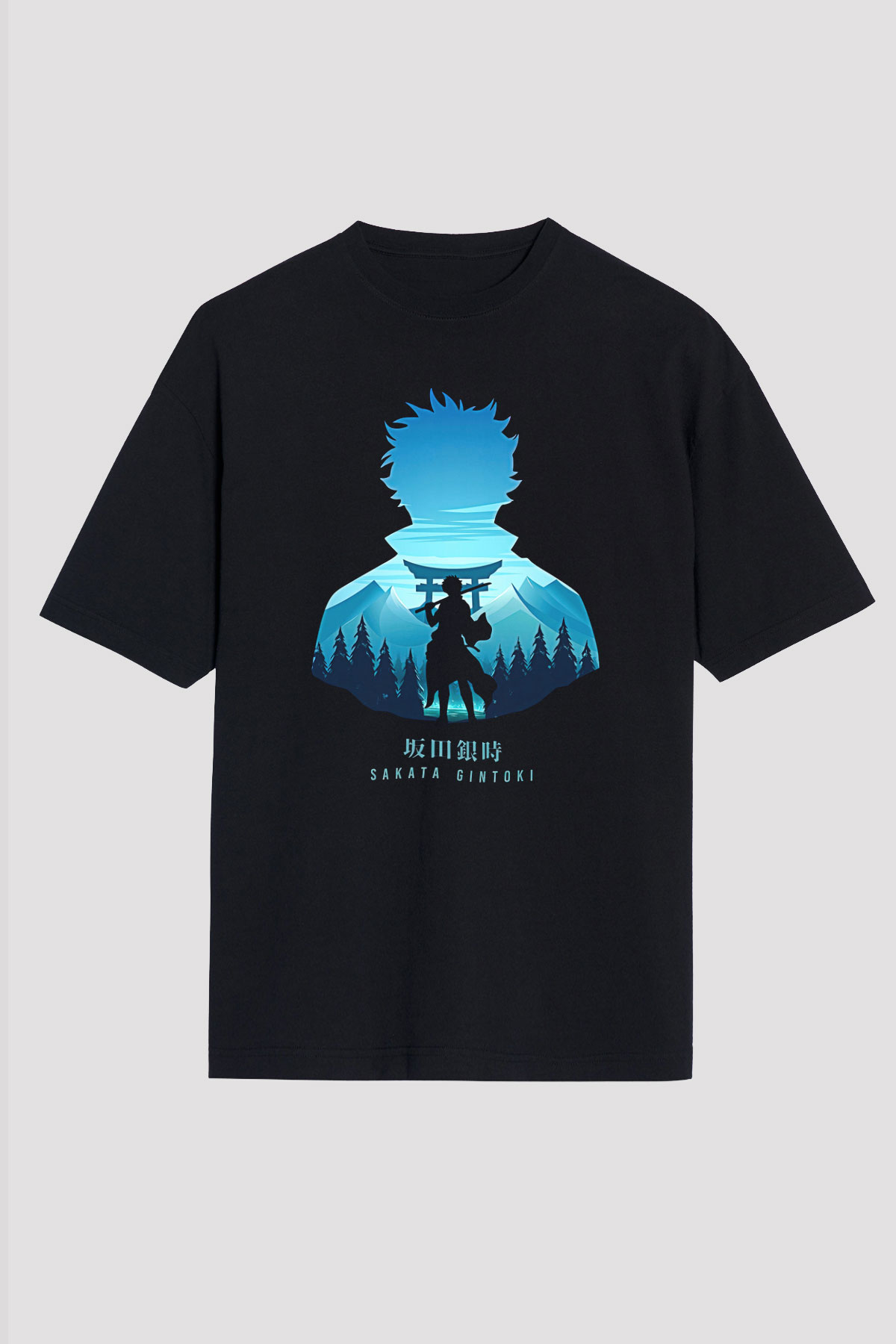 Gintama Baskılı Unisex Siyah Oversize Tişört - Tshirt