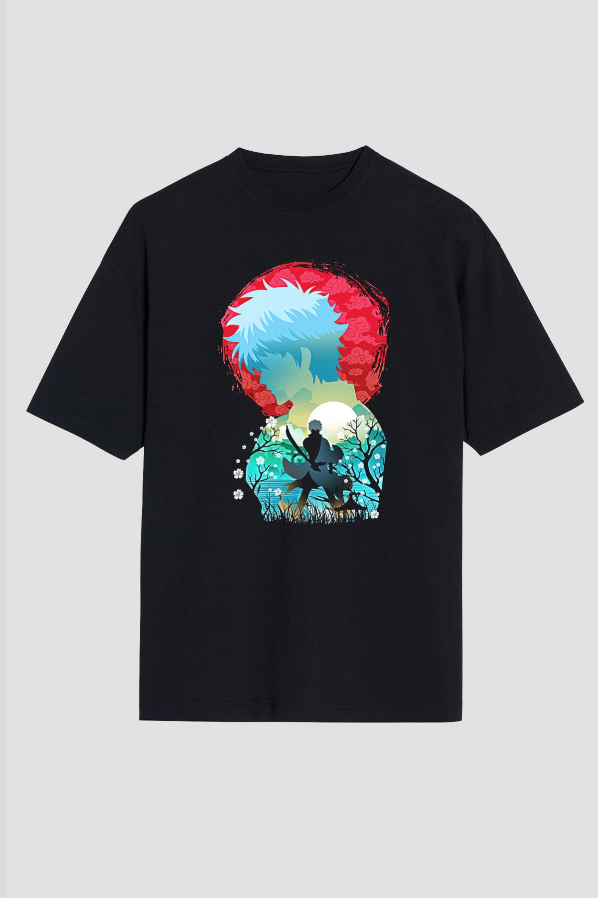 Gintama Baskılı Unisex Siyah Oversize Tişört - Tshirt