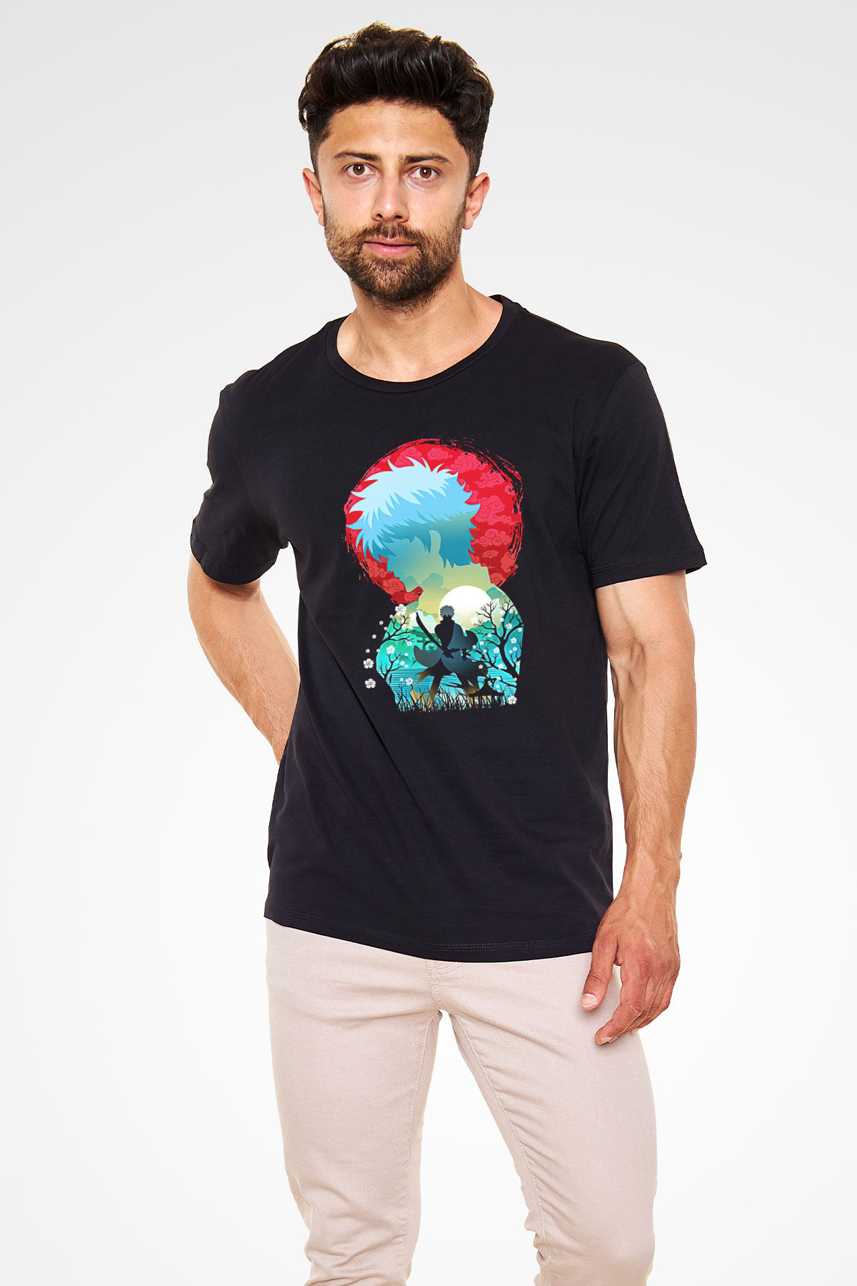 Gintama Baskılı Unisex Siyah Tişört - Tshirt