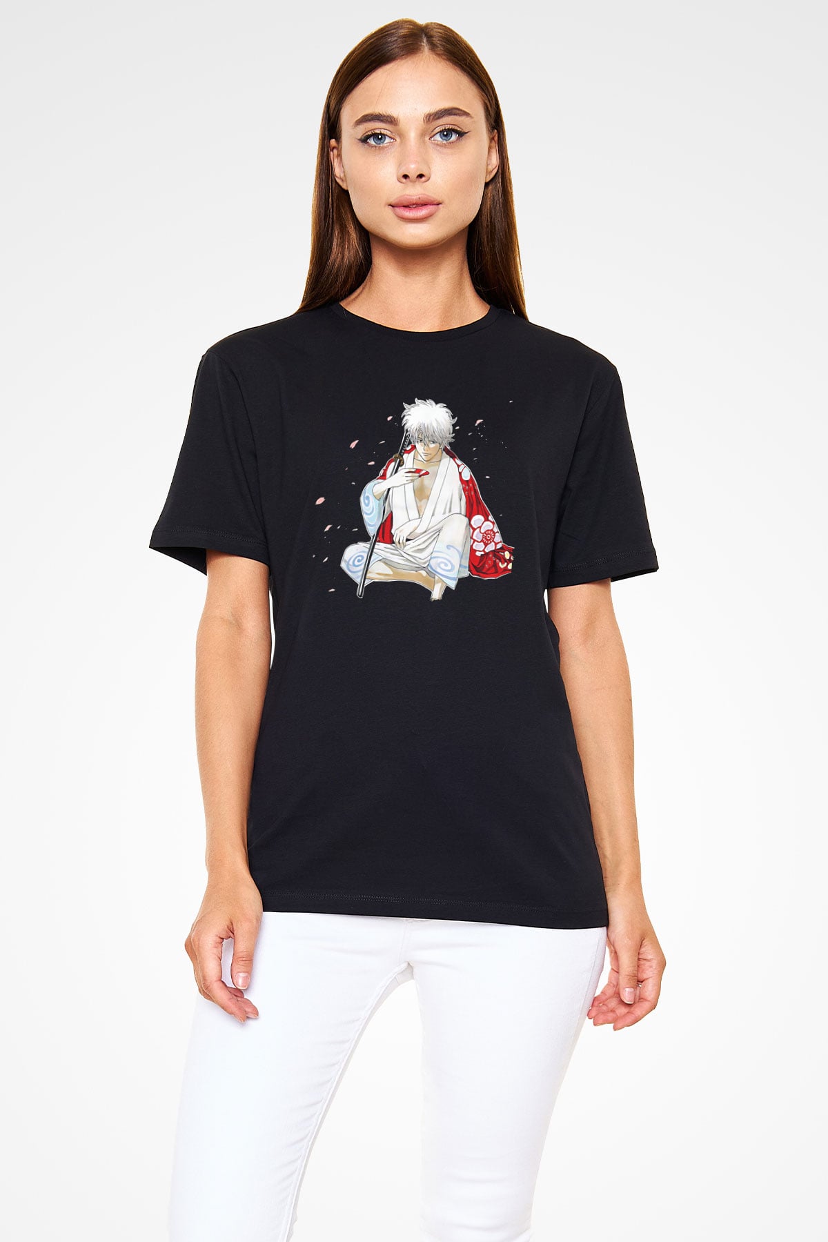Gintama Baskılı Unisex Siyah Tişört - Tshirt