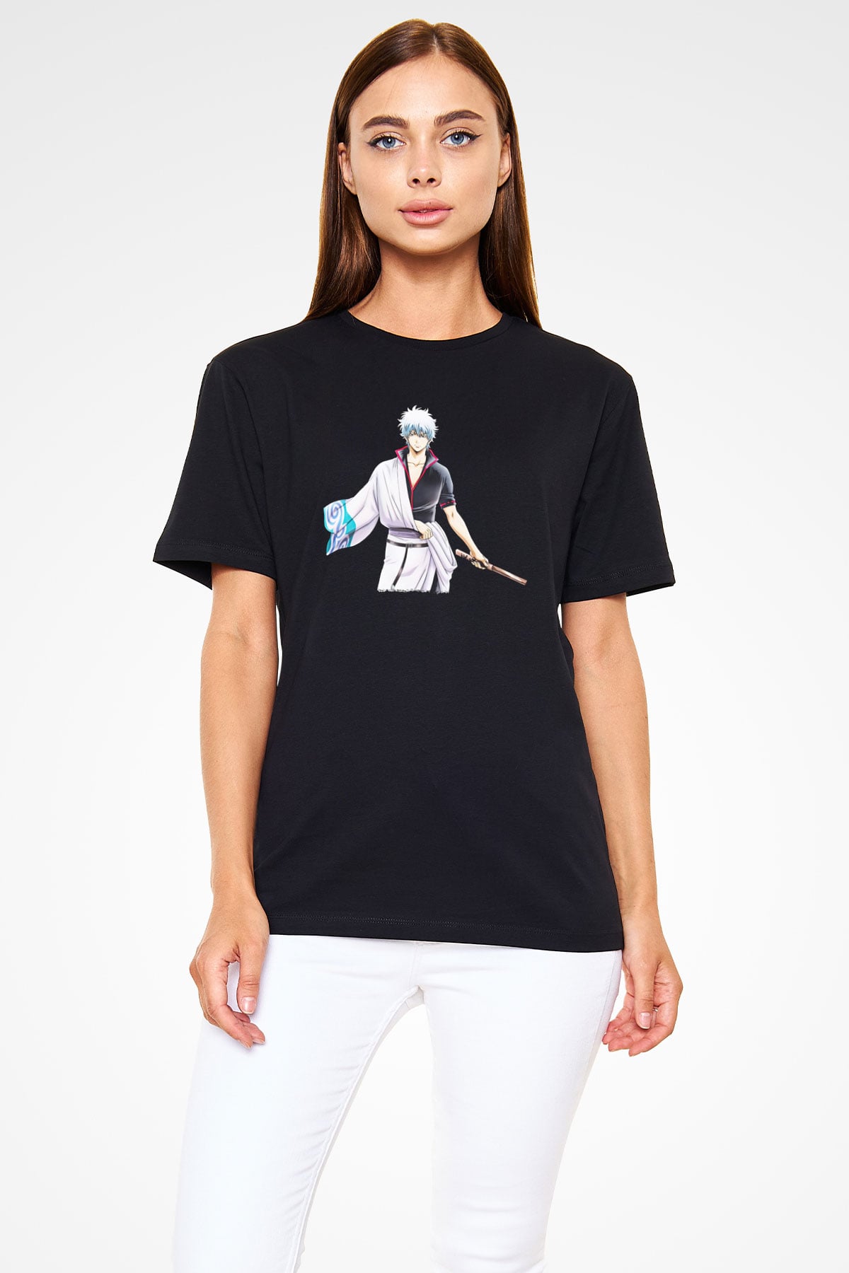 Gintama Baskılı Unisex Siyah Tişört - Tshirt