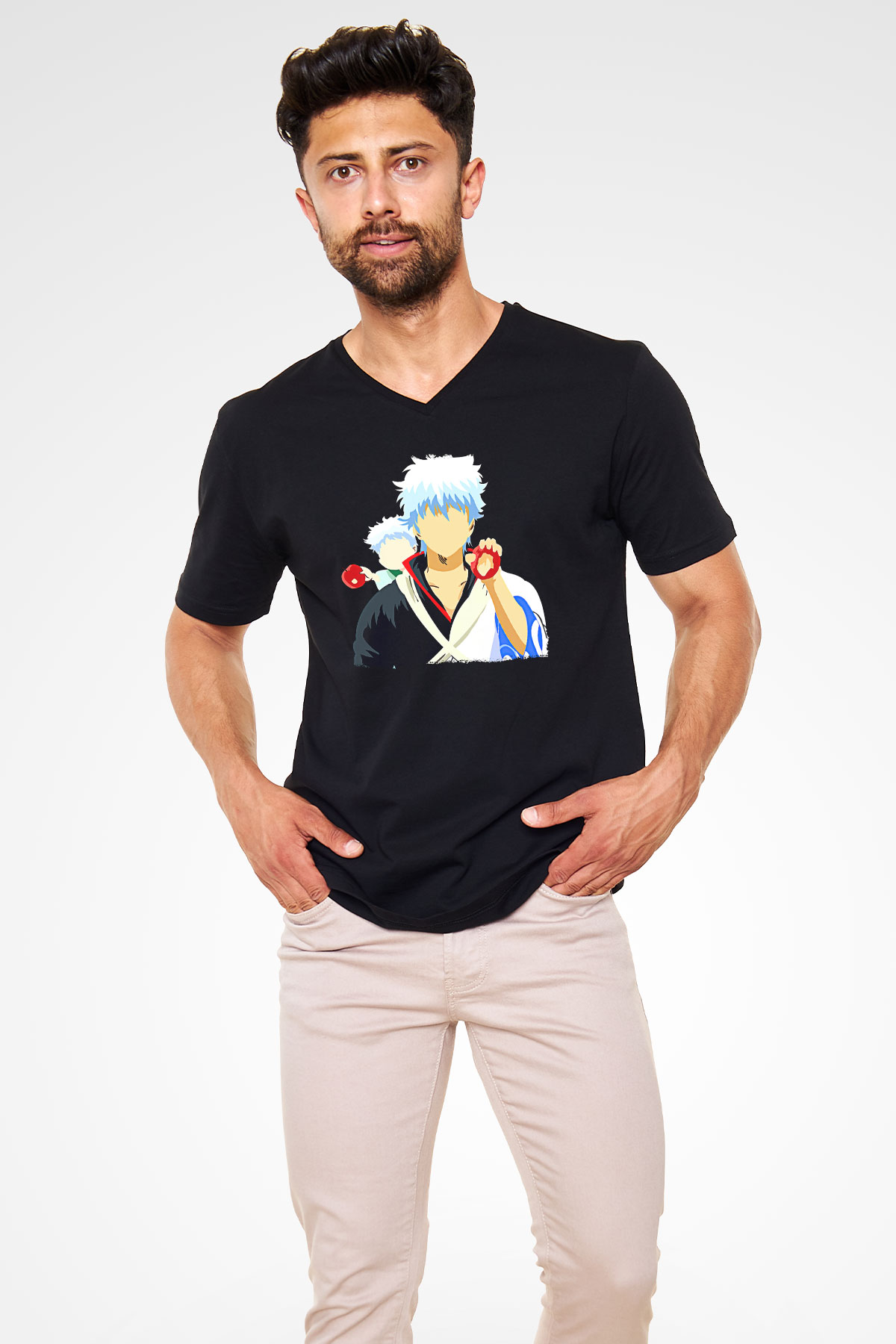 Gintama Baskılı Unisex Siyah V Yaka Tişört - Tshirt