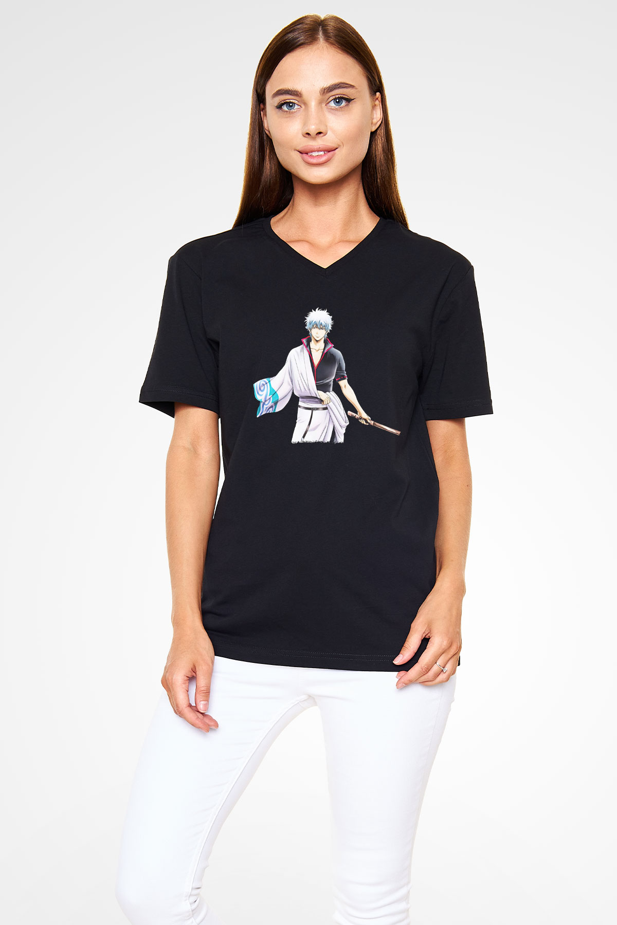 Gintama Baskılı Unisex Siyah V Yaka Tişört - Tshirt