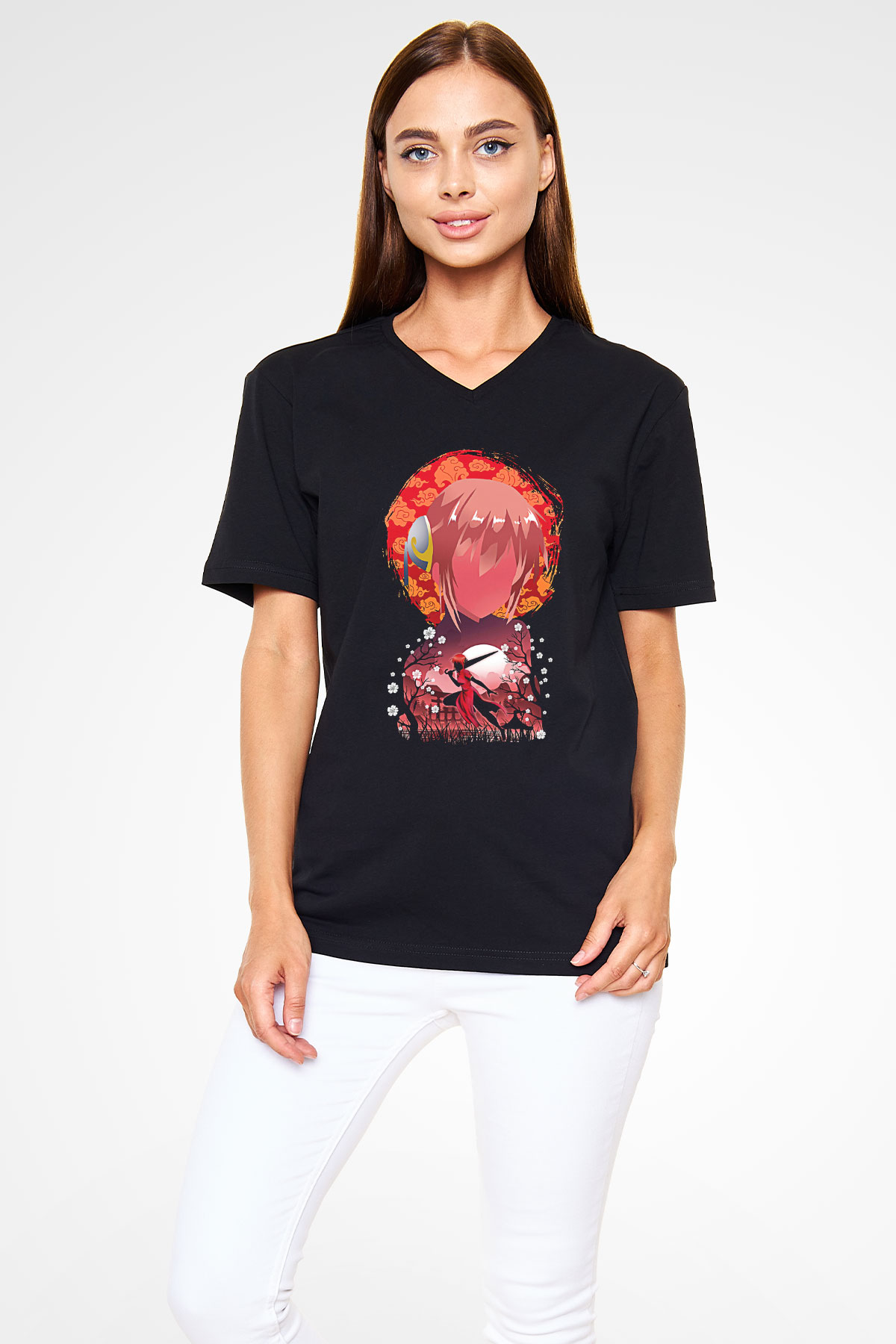 Gintama Baskılı Unisex Siyah V Yaka Tişört - Tshirt