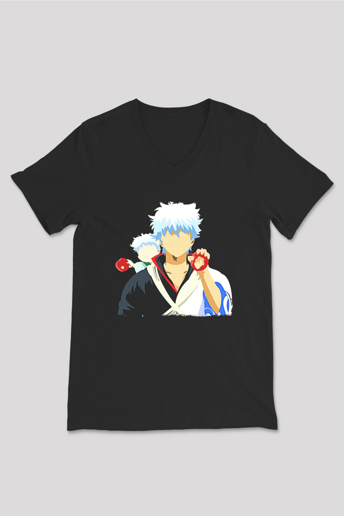 Gintama Baskılı Unisex Siyah V Yaka Tişört - Tshirt