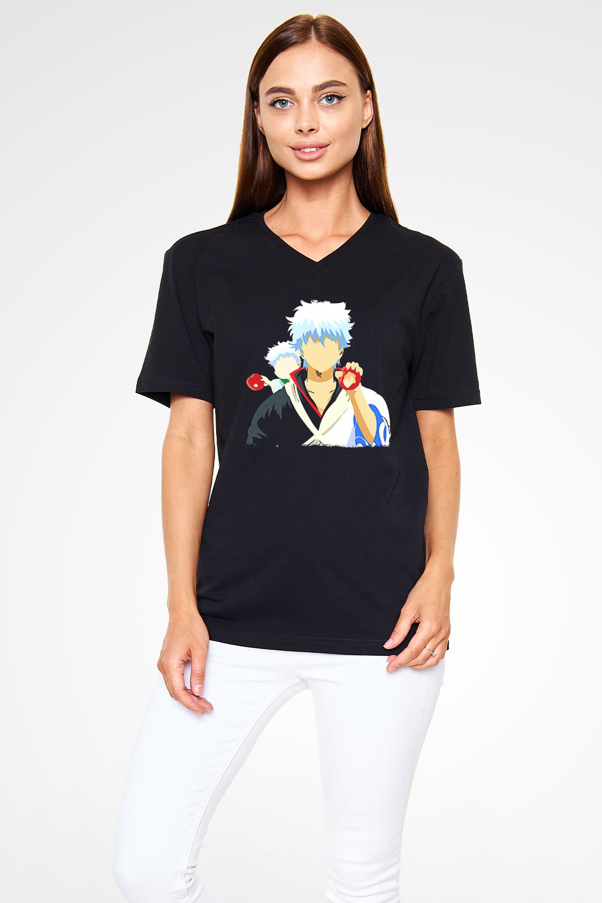 Gintama Baskılı Unisex Siyah V Yaka Tişört - Tshirt