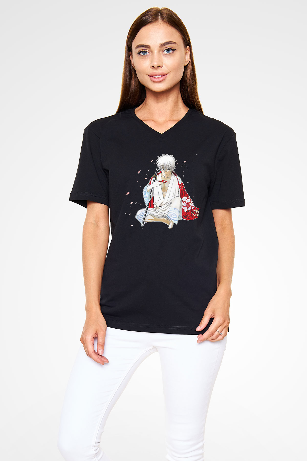 Gintama Baskılı Unisex Siyah V Yaka Tişört - Tshirt